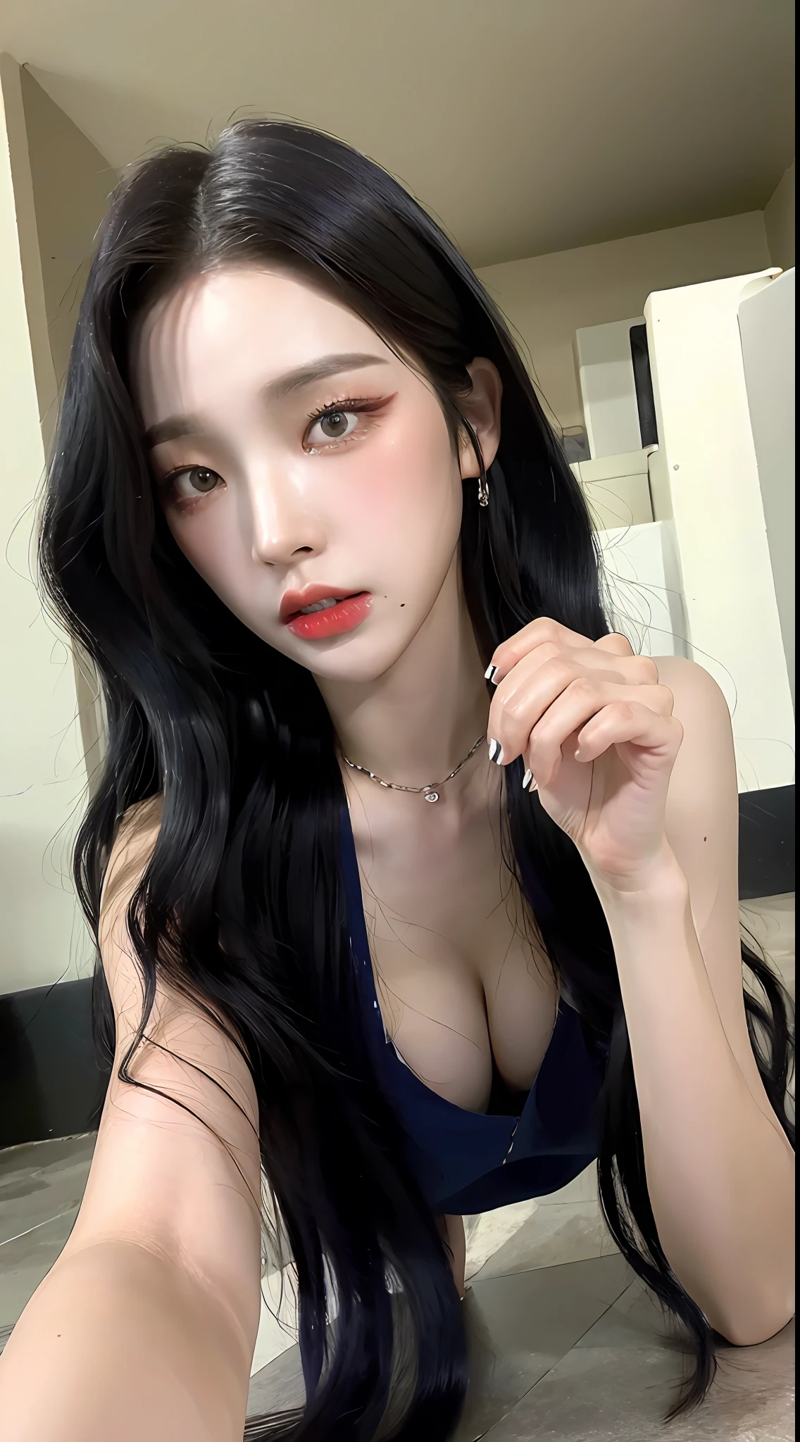 (Top Quality, 8k, 32k, Masterpiece, UHD: 1.3), (Pictures of Attractive Korean Women), 1 Girl, (Medium: 1.2), (Short Wavy Black Hair), Abs, Perfect Body, Ultra Detailed Face, Detailed Lips, Fine Eyes, Double Eyelids, Black Dress, (Desire Gaze), ((Excitement: 1.5)), ((Areola Slip)), Crawling on the Floor, Espacarina