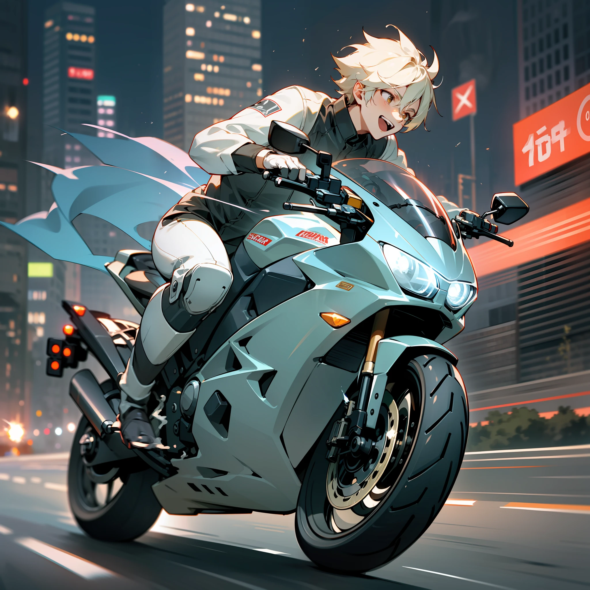 (speeding) motorcycle running at high speed in the city, (slow motion: 1.3), (motion blur: 1.3), (speed line: 1.4), sense of speed, happy boy, sparks and smoke coming out of tires, night city, facial expression dodged up