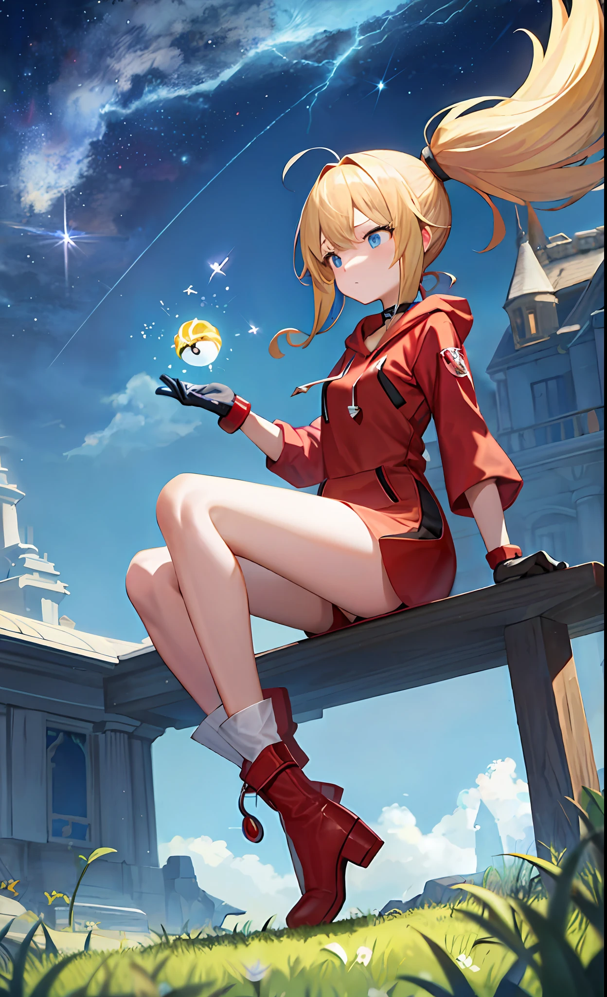 masterpiece, top quality, super detail, illustration, girl alone, solo, fantasy, flying, night sky, outdoor, magic, spell, moon, stars, clouds, wind, hair, boots, sparkle, mysterious, enchanting, whimsical, playful, adventurous, freedom, wonder, imagination, determination, skill, speed, movement, energy, realism, naturalistic, figurative, expressive, beauty, fantasy culture, mythology, fairy tales, folklore, legends, magical creatures, fantasy world, composition, scale, foreground, middle, background, perspective, light, color, texture, detail, beauty, wonder. Blonde, Ponytail, Pokemon, Pikachu, Dengeki, Electric Magic, Lightning, Red Clothes, Knee-High, Knee-High Socks, Neck Choker, Red Hoodie, Gloves, Electric Shock from Hand, Poké Ball, Poké Ball, Night, Turn Around, 100,000 Volts, Lightning Magic, Has a Red-White Ball