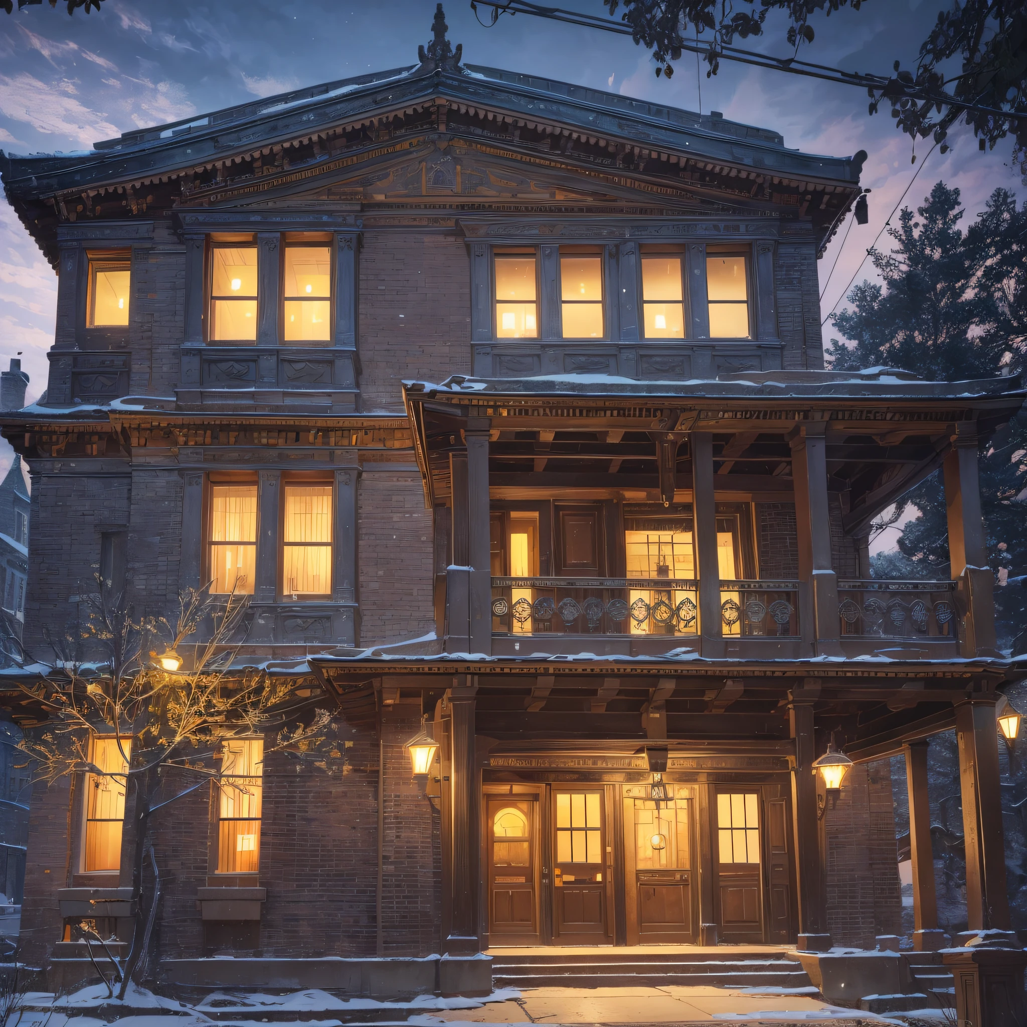 American old-style grand house, majestic, imposing, ancient, historic, traditional, nighttime, wood, iron, bronze, aluminum, antimatter, brick, bronze, carbon fiber, cardboard, cellulose, ceramic, cotton, fabric, fiber optic, aluminum foil, gasoline, glass, gold, gums, latex, leather, magma, metallic, nickel, nylon, paper, plastic, quartz, plastic film, skin, slime, wood, wire, zinc, copper, plasma, liquid ice., Old American house, majestic, imposing, ancient, historic, traditional, nighttime, wood, iron, bronze, aluminum, brick, touch of terror., The old American house is majestic, imposing, and has a touch of terror. Its ancient and historic architecture is full of tradition. During the night, it comes to life with the wood, iron, bronze, and aluminum that compose it. The brick that covers it adds a solid and imposing aspect. It is a house that conveys a sense of mystery and fear. --auto --s2