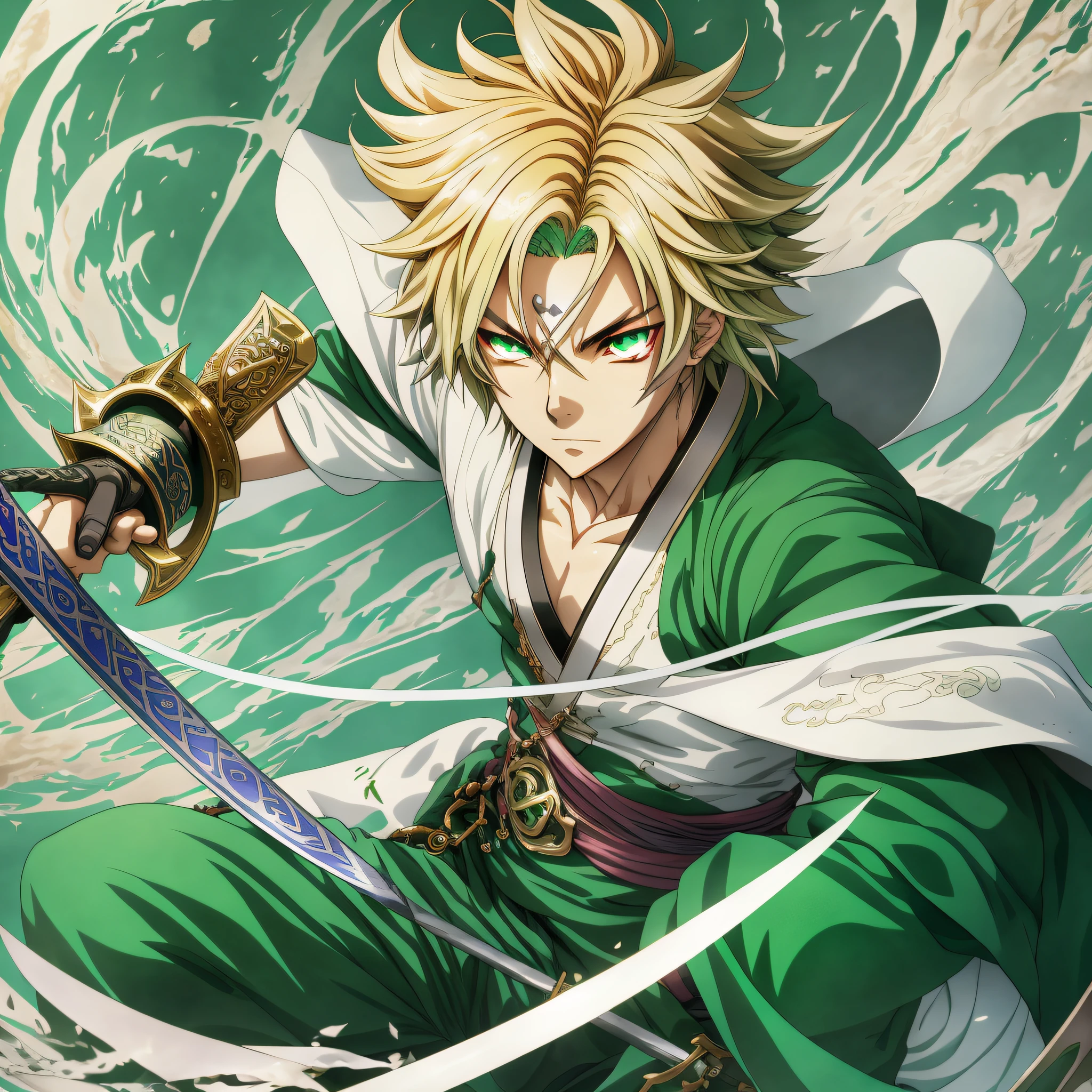 anime character with sword in hand and green background, handsome guy in demon slayer art, key anime art, demon slayer rui fanart, demon slayer artstyle, jin kagetsu, official art, detailed anime character art, detailed key anime art, badass anime 8 k, official anime artwork, 4 k manga wallpaper, key anime visuals, a blonde emerald warrior, male anime character