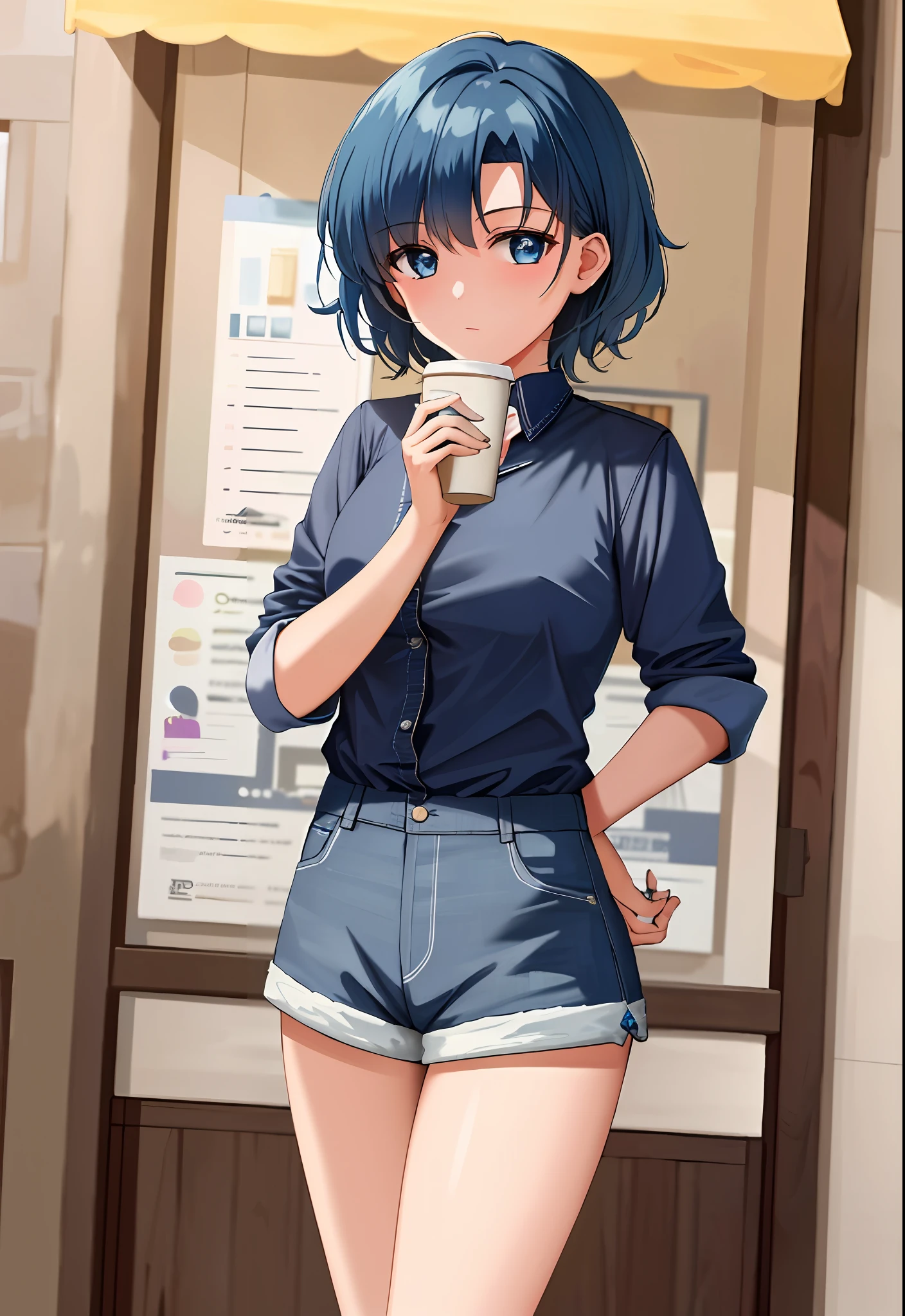(8k, best quality, masterpiece:1.2),(best quality:1.0),ultra highres:1.0, extremely detailed, render, 4k, absurdres, HDR,
a young girl holding coffee in coffee shop, outdoor, mer1, short hair, blue hair, sleveless shirt, hot pants