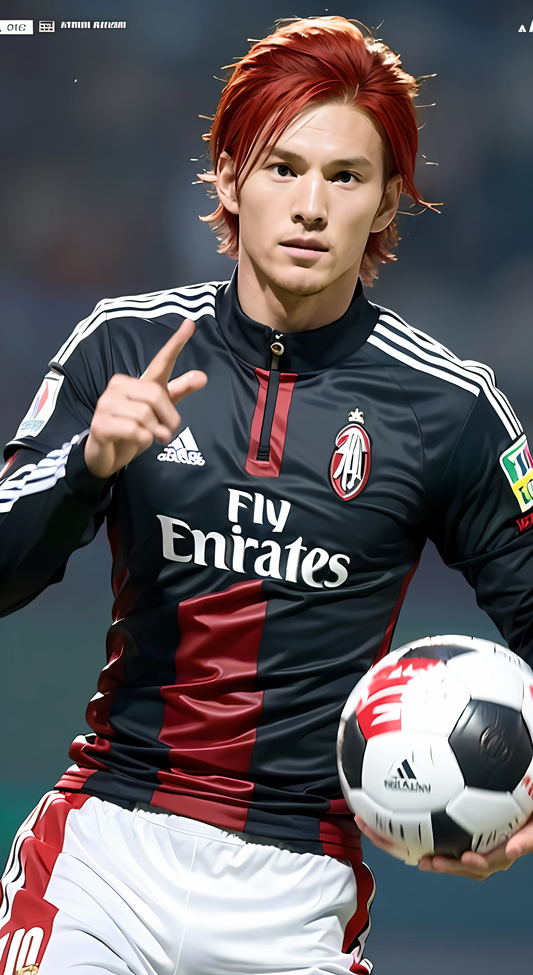 Footballer, Soccer Player, Ballon d'Or, World Class, Ace Striker, Real Soccer Player, Red Hair, Red Hair, Active in Europe, 183cm, 74kg, FW, Japan, Japanese, Red Vertical Striped Uniform, White Pants, No. 10, #10, AC Milan, Black Beard, 28 years old, Slender, Very delicate, 8K, No. 10, #10, Center Forward, Asian, Uniform,