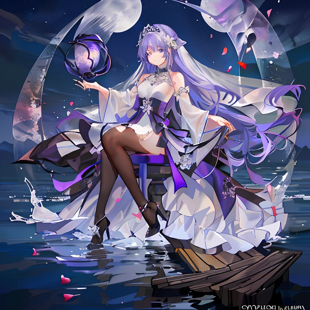 Silver hair, moonlight, royal sister, purple flowers, high heels, wedding dress, blood, sword, river water, Kong Ming lantern, dark night, boat, skeleton