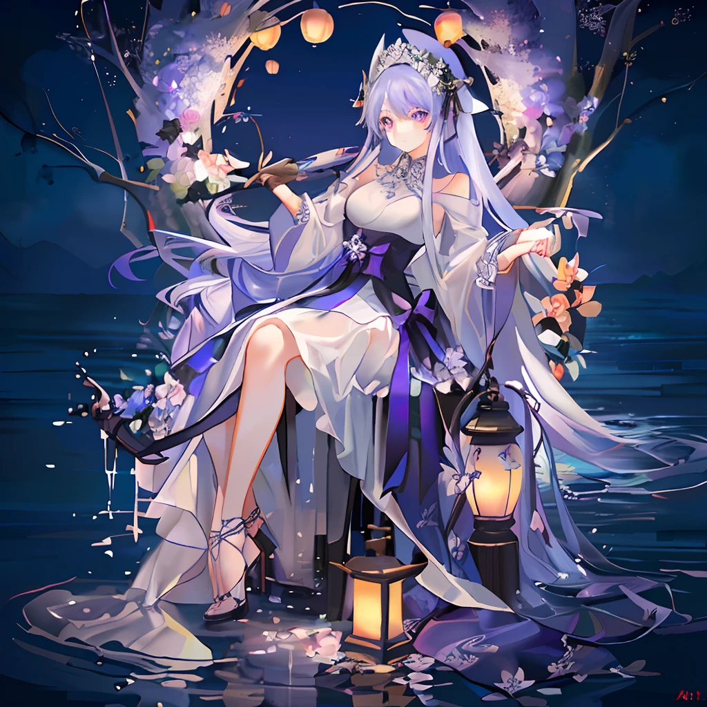 Silver hair, moonlight, royal sister, purple flowers, high heels, wedding dress, blood, sword, river water, Kong Ming lantern, dark night, boat, skeleton