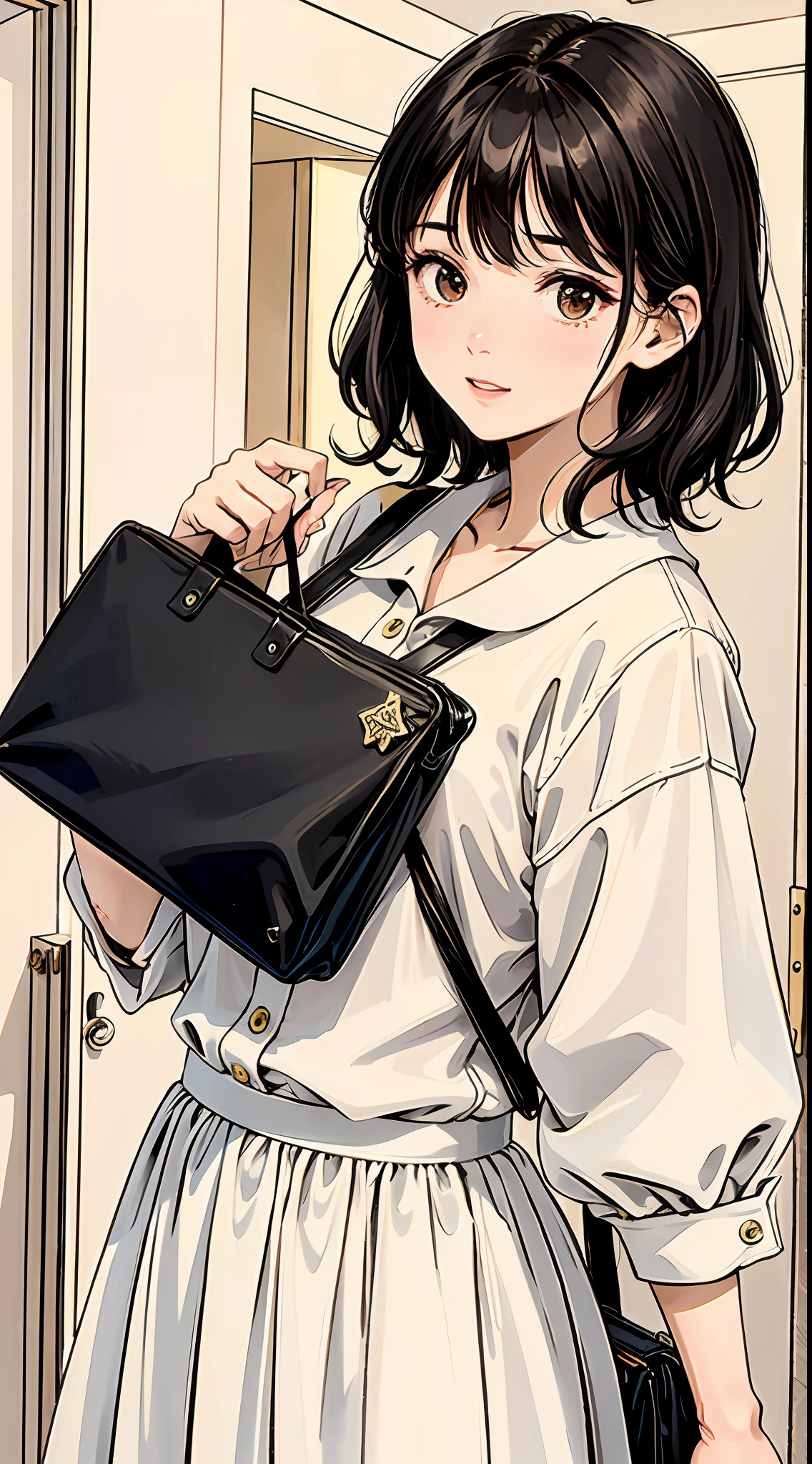 Actress corporate director's accommodation hotel, knocking on the door, a little worried, black hair