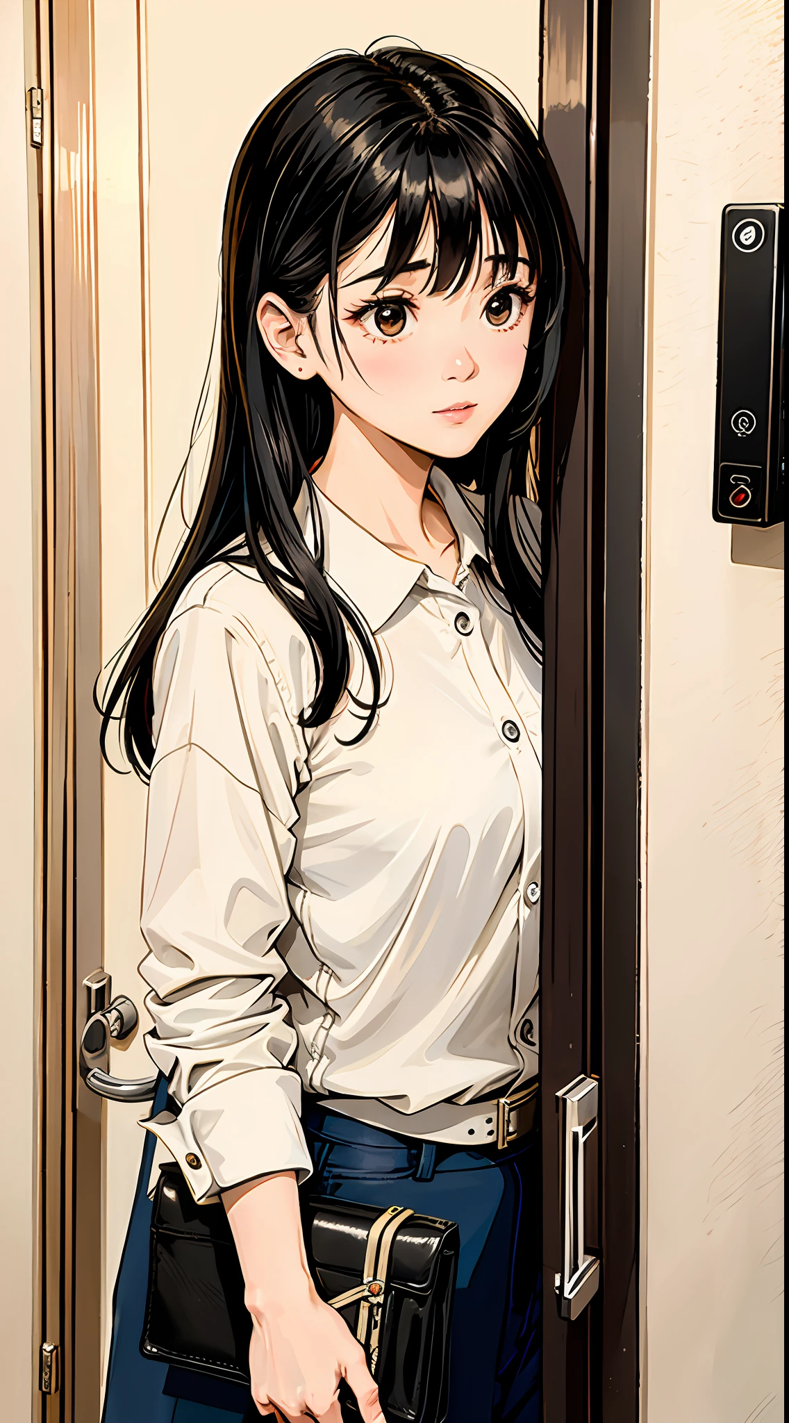 Actress corporate director's accommodation hotel, knocking on the door, a little worried, black hair