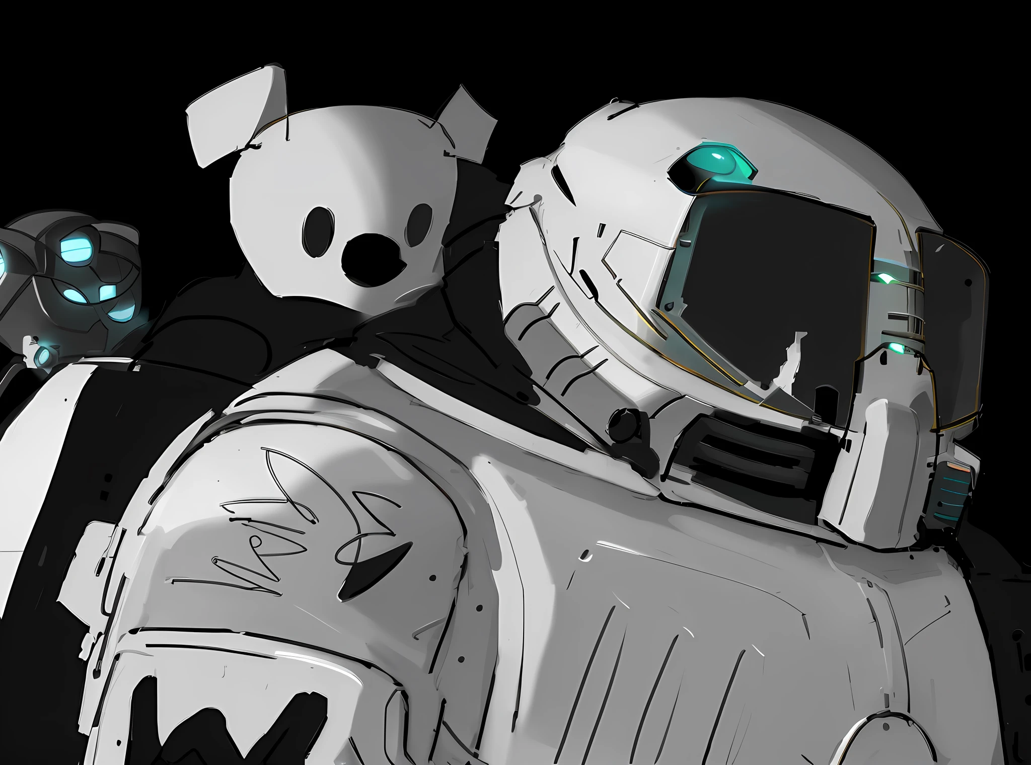 a drawing of a robot with a backpack and a cat, heavy lineart, heavy outlines, heavy vignette!, heavy gesture style closeup, concept piece, thick outlines, thick lineart, accurately drawn details, intense line art, rough sketch, thick outline, detailed but rough, line art!!, thick black lineart, wip, thick line art, detailed penciling