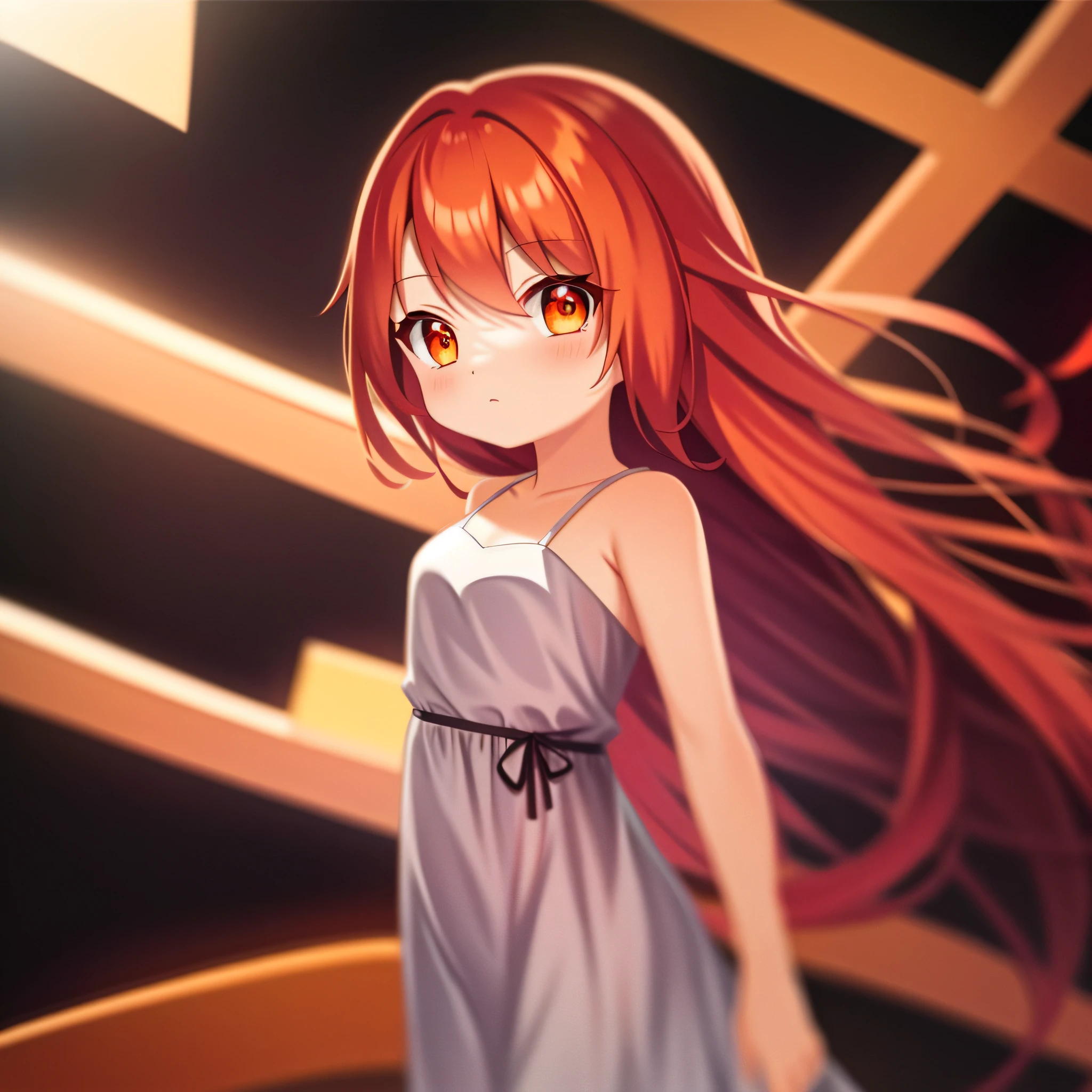 masterpiece, detail, soft lighting, long redhead goth cat girl, orange-eyed chibi, toukyou background, simple background