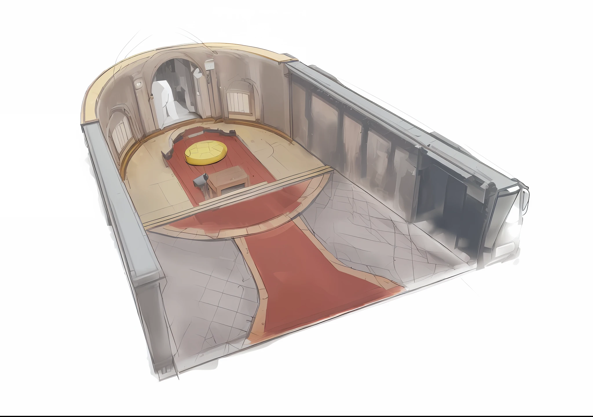 There is a drawing of the bell tower with red clock, the throne room, concept illustration, the decadent throne room, the beautifully designed throne room, court sketch, the rustic throne room, the Ruina library concept art, concept art, concept art! , concept art, concept art, interior background art, finished concept art, castle hall, concept art!! Churches, statues of goddesses, candlesticks