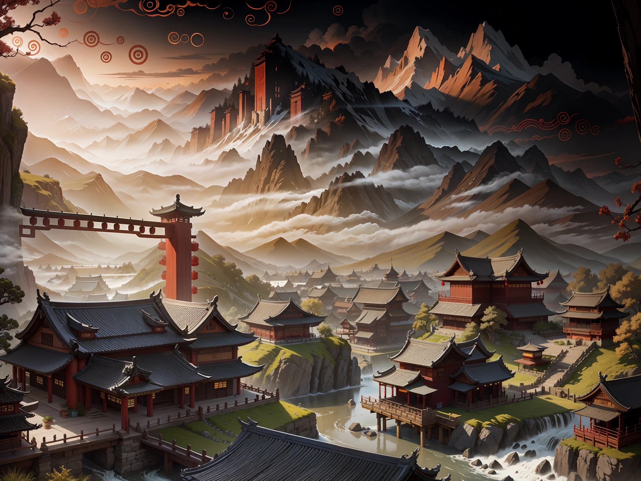 Ancient Chinese scenery, mountains, rivers, auspicious clouds, sunshine, masterpieces, super detail, epic composition, ultra HD, high quality, extremely detailed, official art, unified 8k wallpaper, Super detail, 32k -- v 6