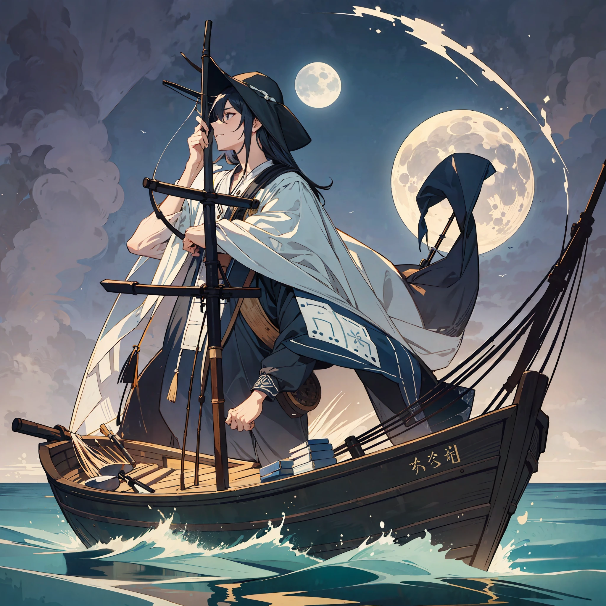 Between the ink landscapes, there is a fisherman holding a bamboo pen and carrying a wine jug on a boat, and under the moonlight, the landscape is the main body