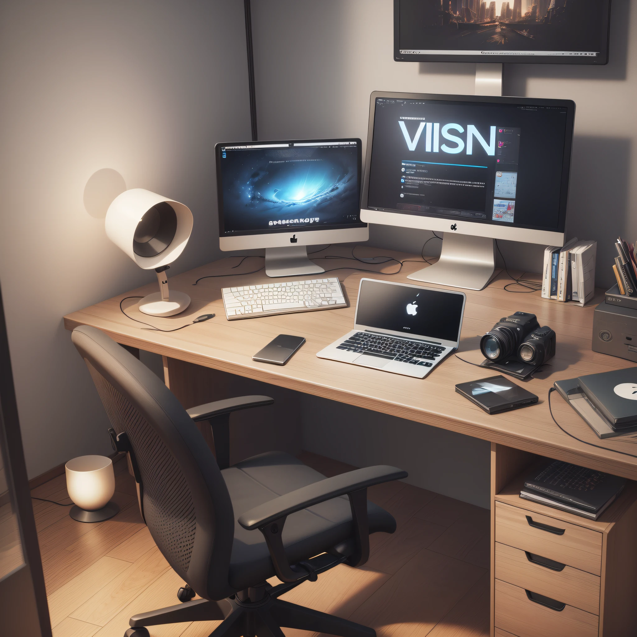 There is a computer desk and computer chair in the study, Apple computers and cameras on the table, and the three words Xin Vision are written on the desktop background on the computer screen