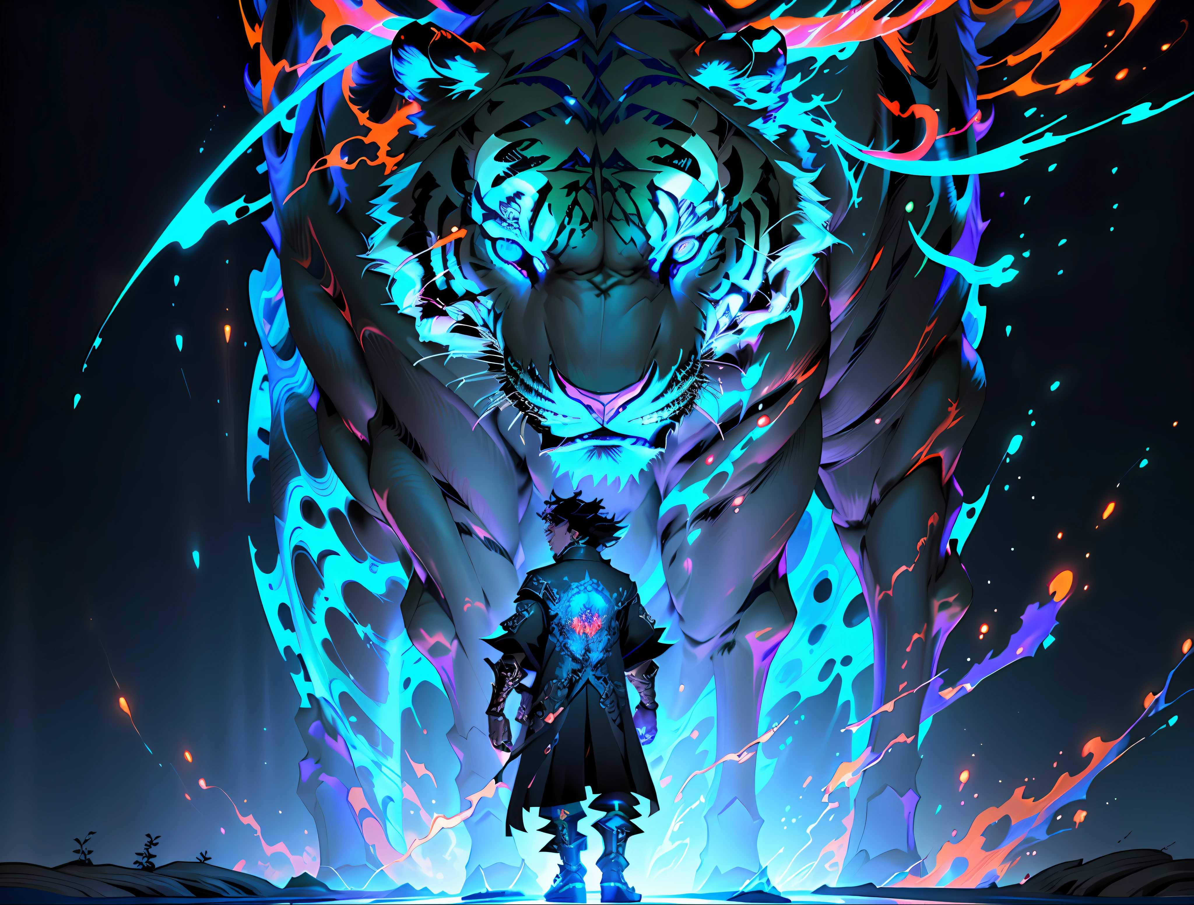 a close up of a person standing in front of a giant monster, lord of beasts, hades supergiant, the former demon king, arcane from netflix, hades, ruler of the demons, anime epic artwork, the beast of judgement, style of duelyst, tiger_beast, an epic anime of a energy man, supergiant games