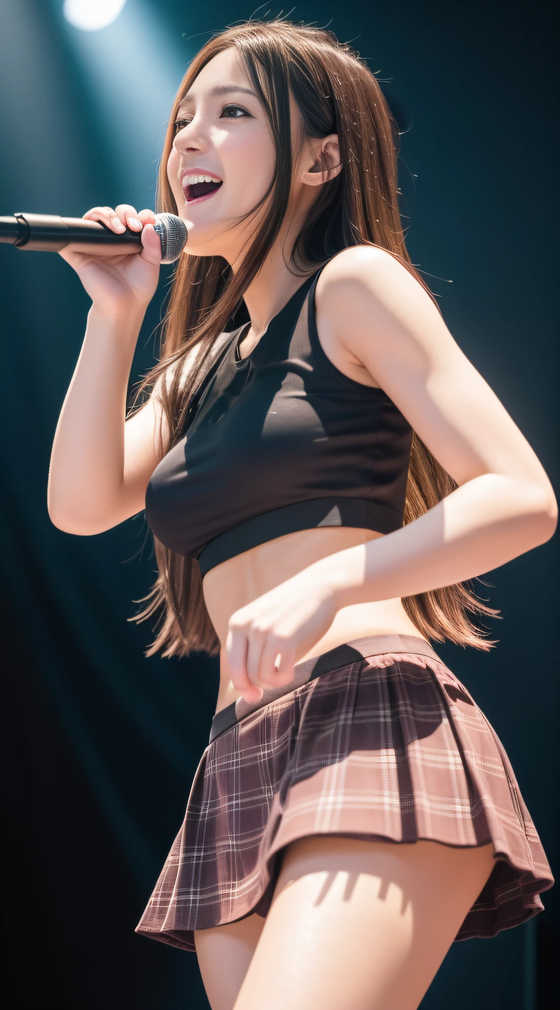 (8k, RAW Photo, Best Quality, Masterpiece: 1.2), (Realistic, Realistic: 1.37), Ultra High Resolution, Photon Mapping, Physically Based Rendering, 1 Girl, (Brunet: 1.3), Double braid hair,Long Legs, Detailed Face, Detailed Eyes, Huge Breasts, Shiny Skin,, Looking at the Viewer, (Light Smile Cute: 1.2), (Happy), Healing Cute, (Concert Stage: 1.2), (Stage lighting: 1.2),Holding the microphone,Passionate singing,Shiny clothing,Performance clothing,plaid skirt,