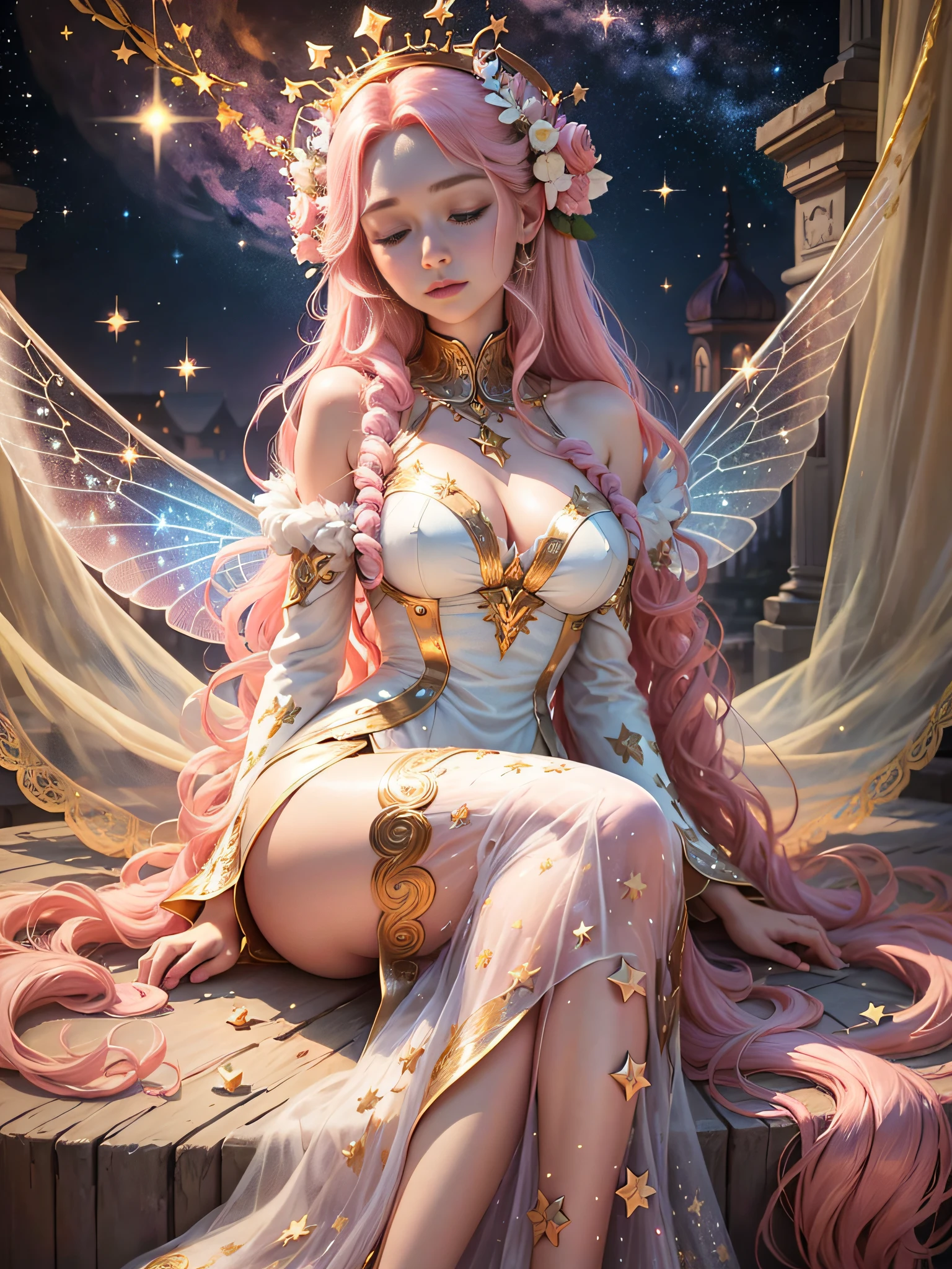 High quality, Virgo queen, Virgo zodiac sign, Virgo clothes, closed eyes, fairy, light pink long hair, stars, night sky, universe, delicate facial features, full body, straight breasts, protagonist perspective, looking at the audience, tall figure, sitting, half-sitting, lying on your side