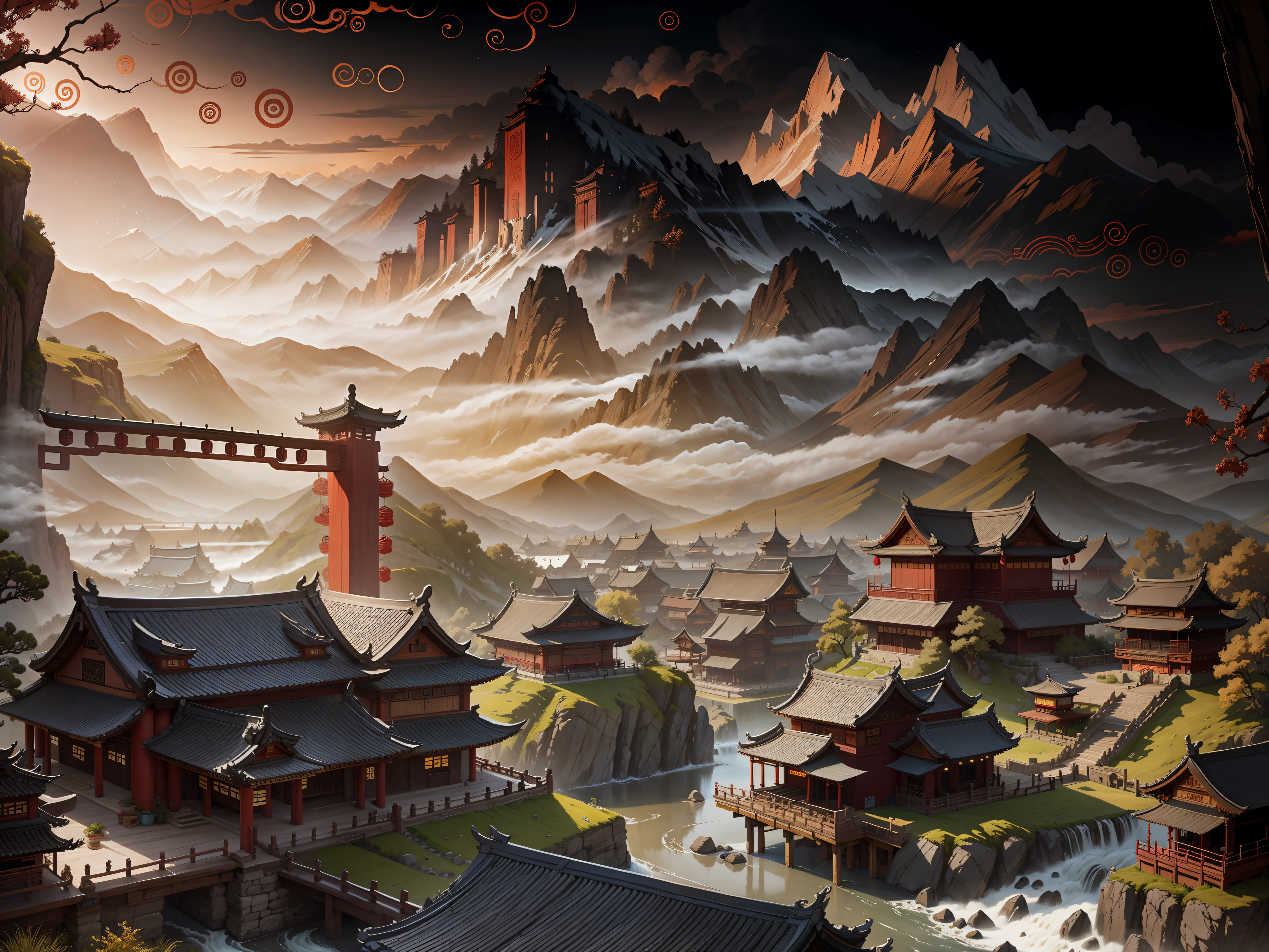 Ancient Chinese scenery, mountains, rivers, auspicious clouds, sunshine, masterpieces, super detail, epic composition, ultra HD, high quality, extremely detailed, official art, unified 8k wallpaper, Super detail, 32k -- v 6