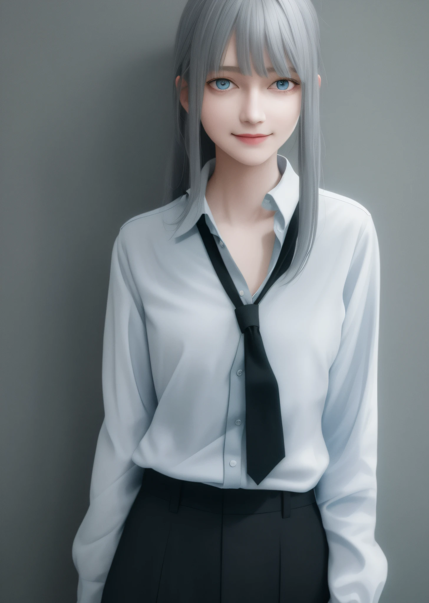 (Masterpiece), (Best Quality), Best Quality, Ultra Detailed, Single Girl, Solo, Standing, Grey Hair, Long Hair, Blue Eyes, Sexy, Tied Up , Bangs, Middle Chest, White Shirt, Staring, Smile, , Look at Audience, (Interview: 1.3), Dark Background, Sensitive