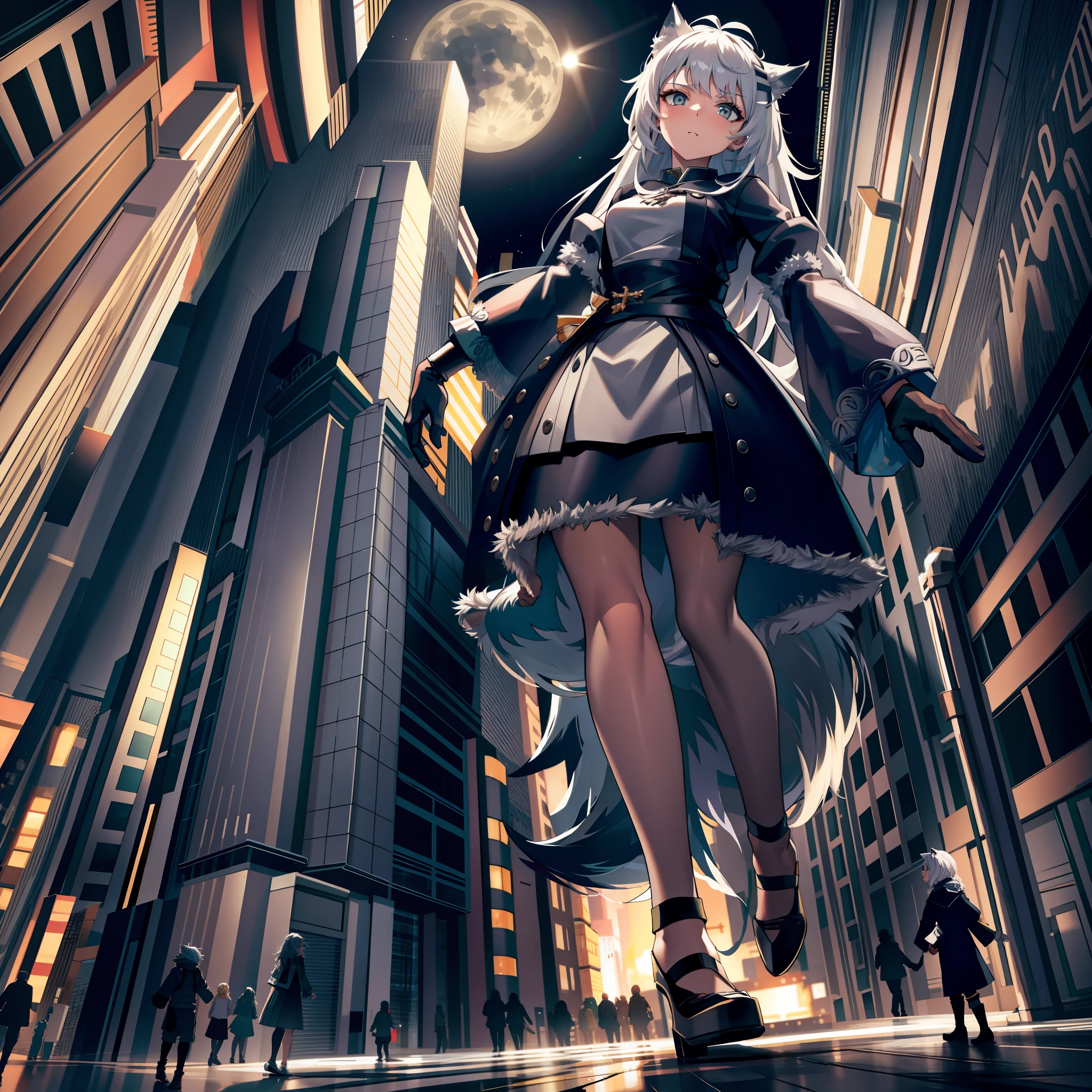 looking up , ,(masterpiece:1.1),[Enchanting, Ruined City, Night, On Top of a Crumbled Skyscraper, High Angle, Leaping with Grace, Slender, Monster, Dark Red Skin, Small Breasts, Yellow-Green Eyes, Long White Hair, Tattered Dress, Sultry Stare, Illuminated by the Moon.], , , ,[cga colored lighting, raytracing, HDR], 2girls, size difference, gtsgiga, looming, stepping, grey eyes, white hair, long hair, small breasts, wolf_ears, wolf_tail, body_fur, lappland, Looming, Rampage, debris, looking at viewer, wolf tail, rhorrormare