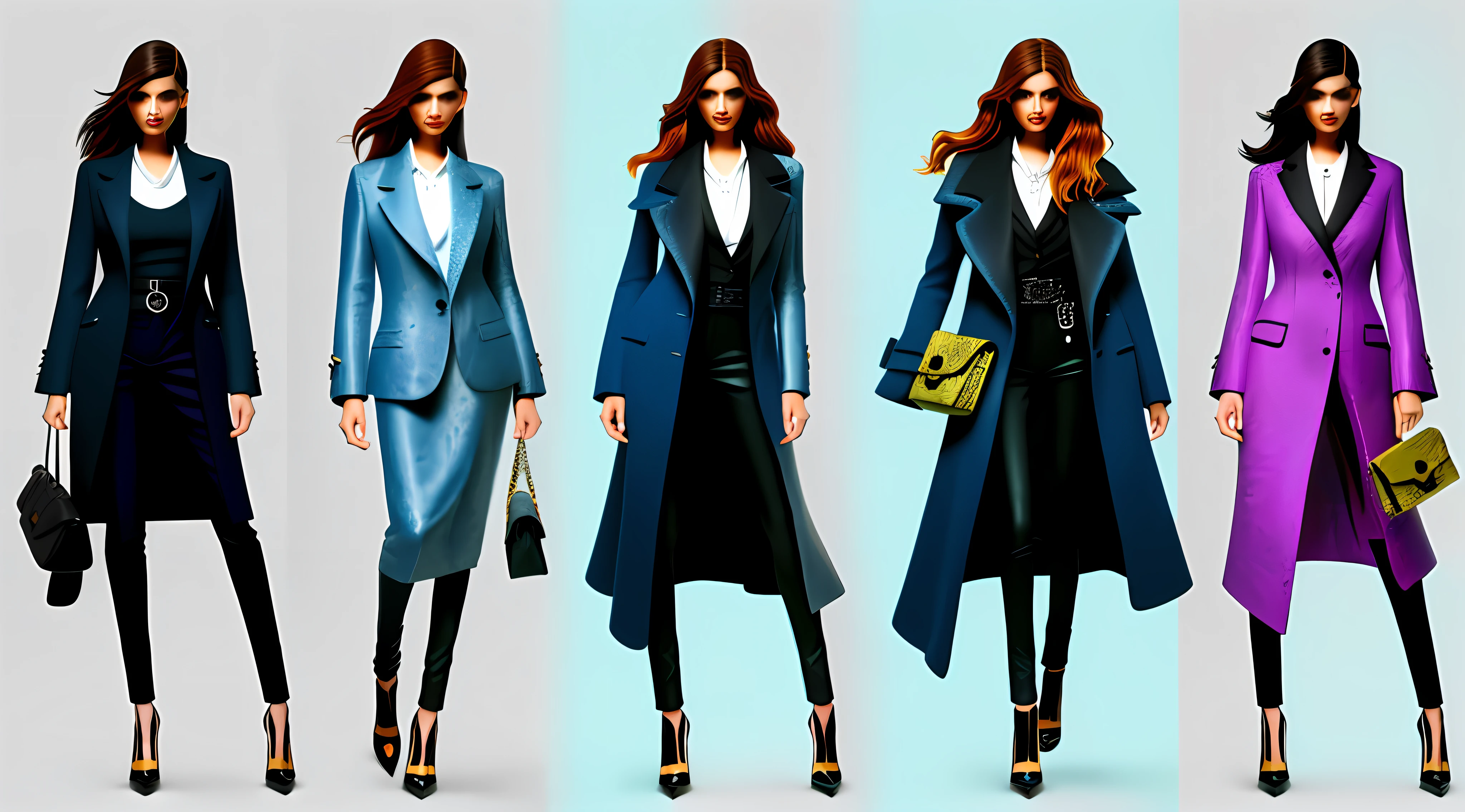 There are multiple female models in fashion clothes lined up, multiple digital illustration style, modern digital art, digital painting style, style digital painting, cypherpunk fashion illustration, fashion illustration, detailed fashion illustration, luxury fashion illustration, in Bowater's art style, stylized portrait, formal pose, fashion pose, digital illustration