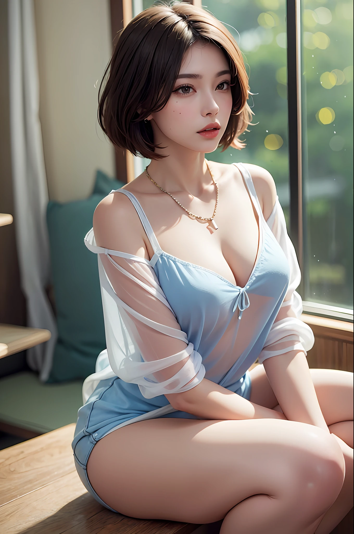 Brunette Bob, (8k, RAW photo, realistic: 1.25), (very lip gloss, many eyelashes, highest quality, ultra high resolution, depth of field, chromatic aberration, caustics, wide light, natural color, Japanese, women in their 30s) Staring at the audience, necklace, bracelet, necklace full body, chest mole, bare legs, transparent shirt