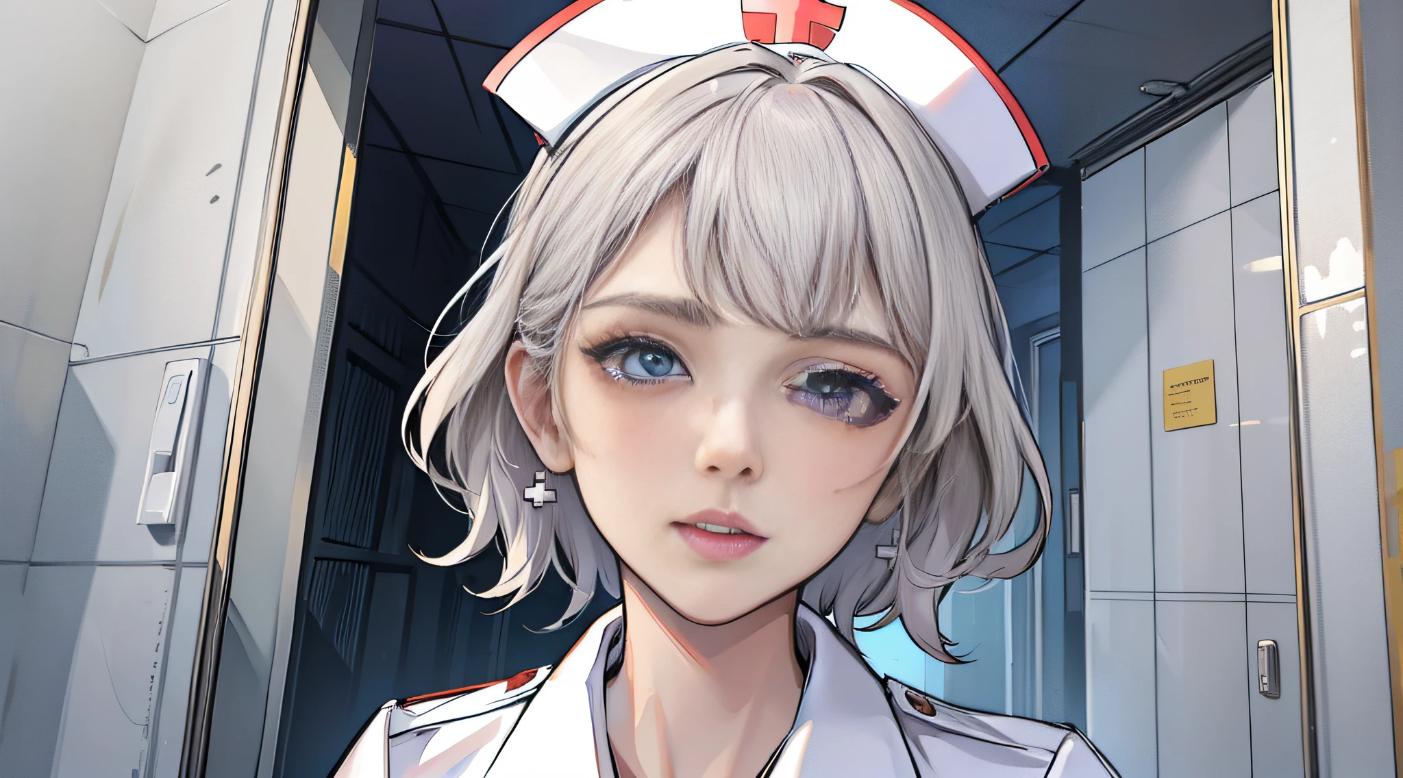 Nurse, white nurse uniform, mask, upper body photo