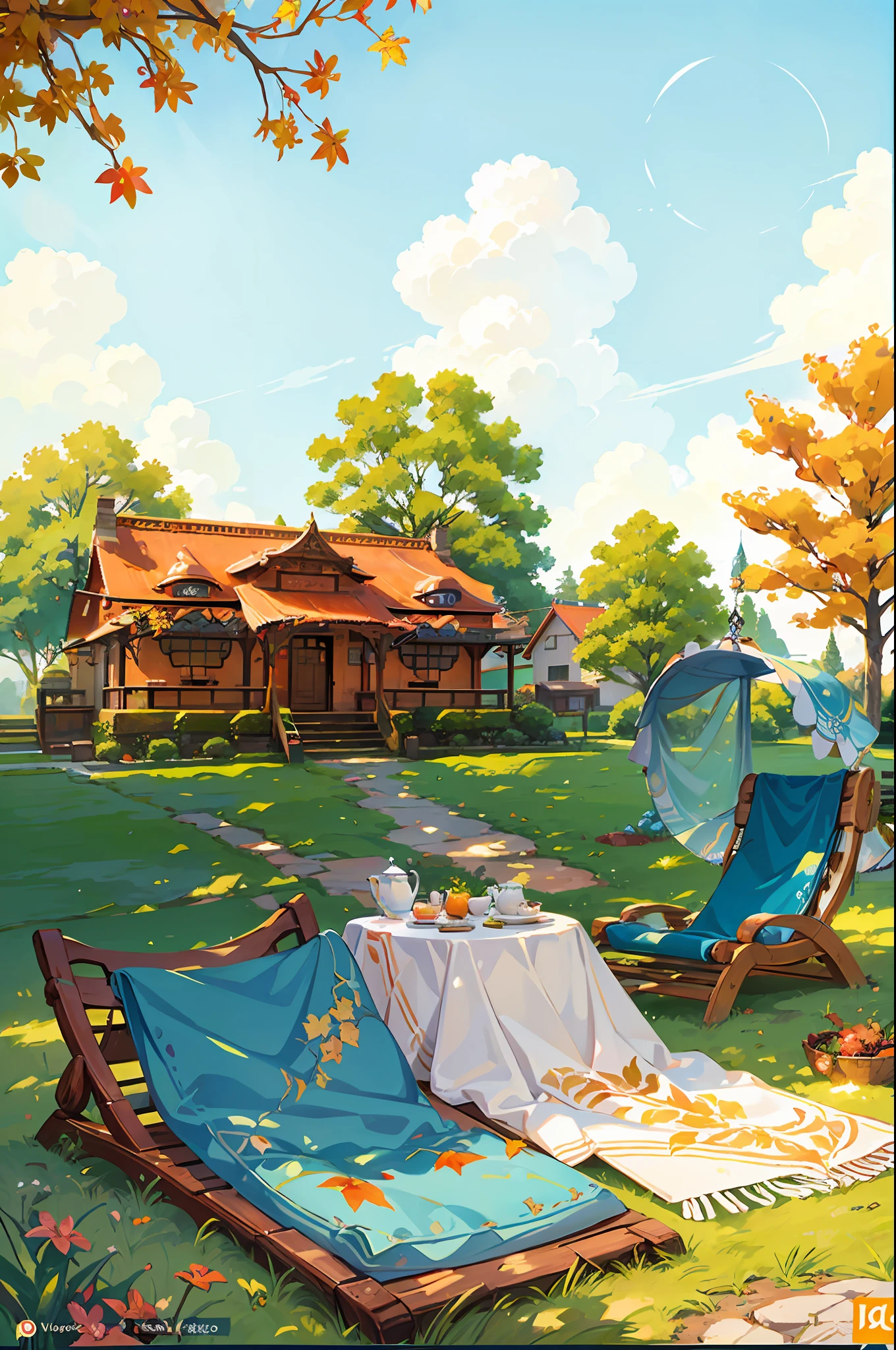 Poster design, cover, fresh bright sky, wide lawn and loungers, colorful blankets and cheerful staff, bright autumn scenery and golden leaves, warm atmosphere, lovely tea house and fresh refreshments, pastel colors including light blue, tender green and soft orange, HD8K, product rendering --auto --s2