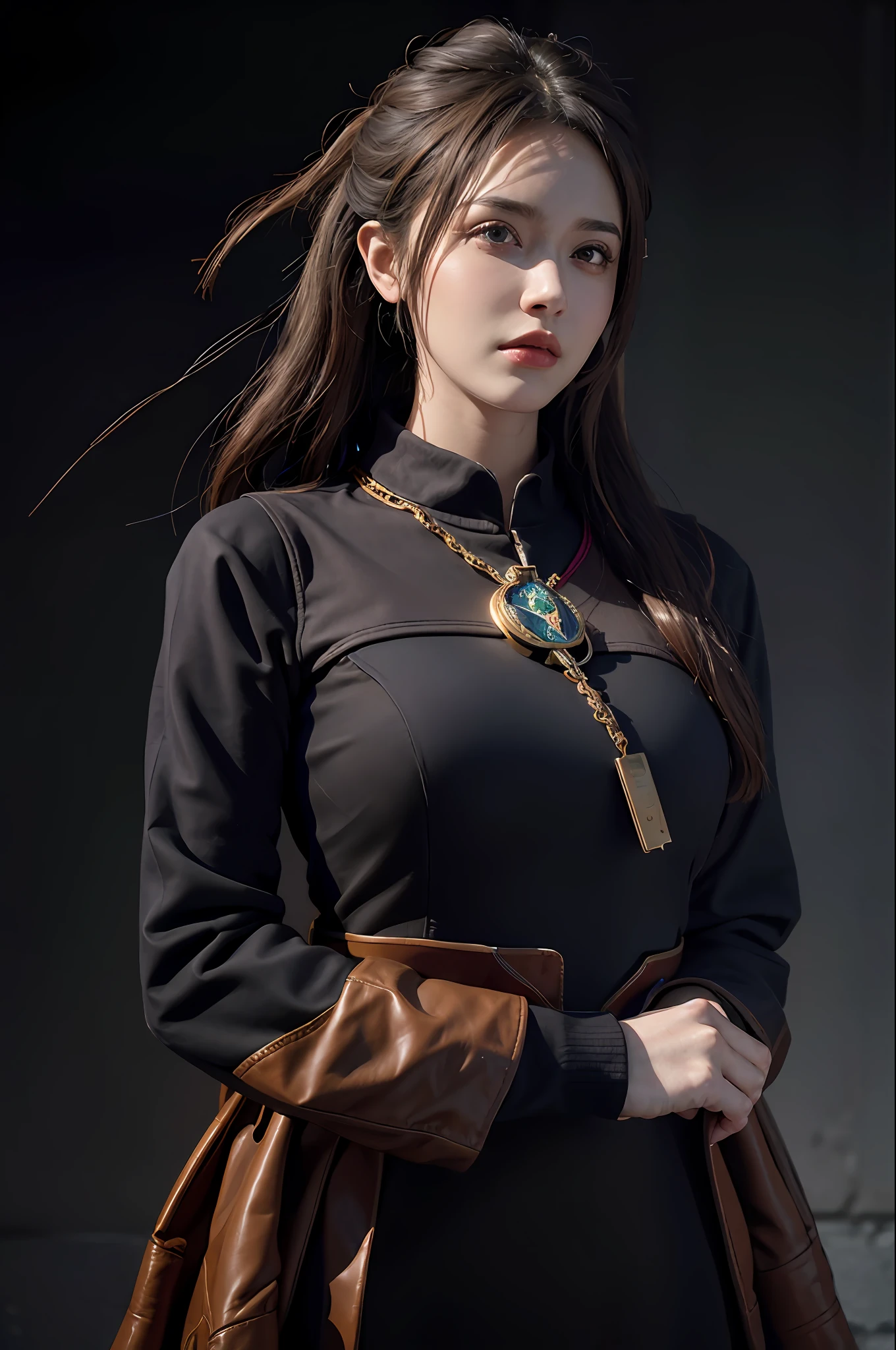 (Front Focus), (In the Dark: 1.6), Elena Masci Surrealist Portrait Illustration Design for Female Portraits, Fantasy Art, Photo Realism, Dynamic Lighting, Artstation, Poster, Volumetric Lighting, Very Detailed Faces, 4k, Award-Winning 1girl, In the Dark, Deep Shadow, Low Key, Cowboy Shot, (Official Uniform: 1.4), Long Hair, Gray Hair
