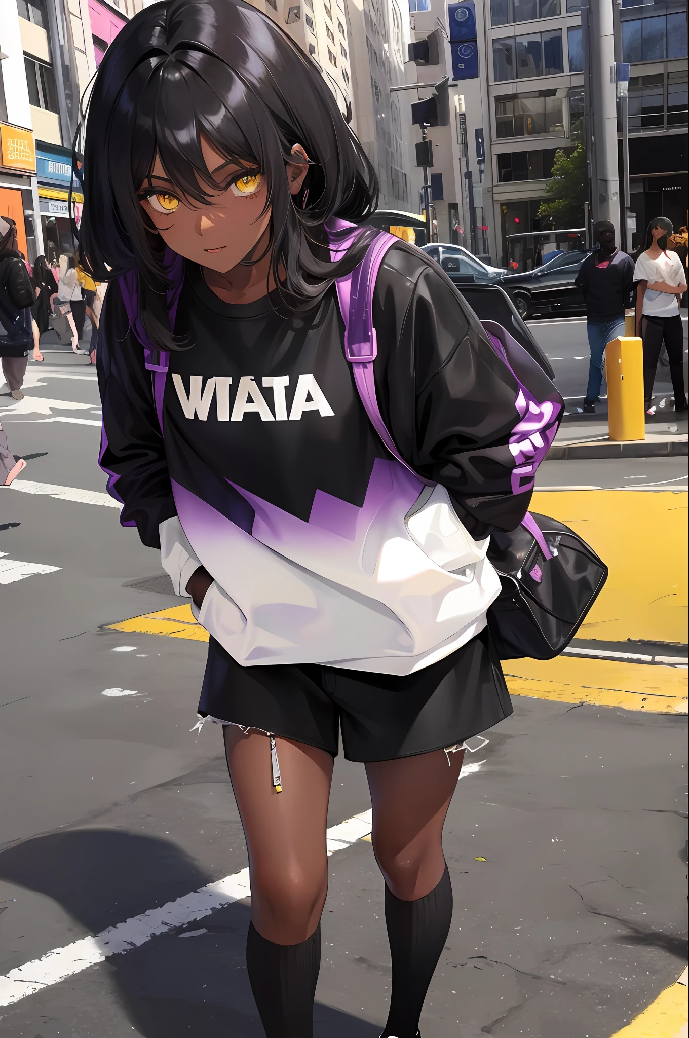 Cute ,dark skin , black hair with purple accents, yellow eyes  , casual outfit , city
