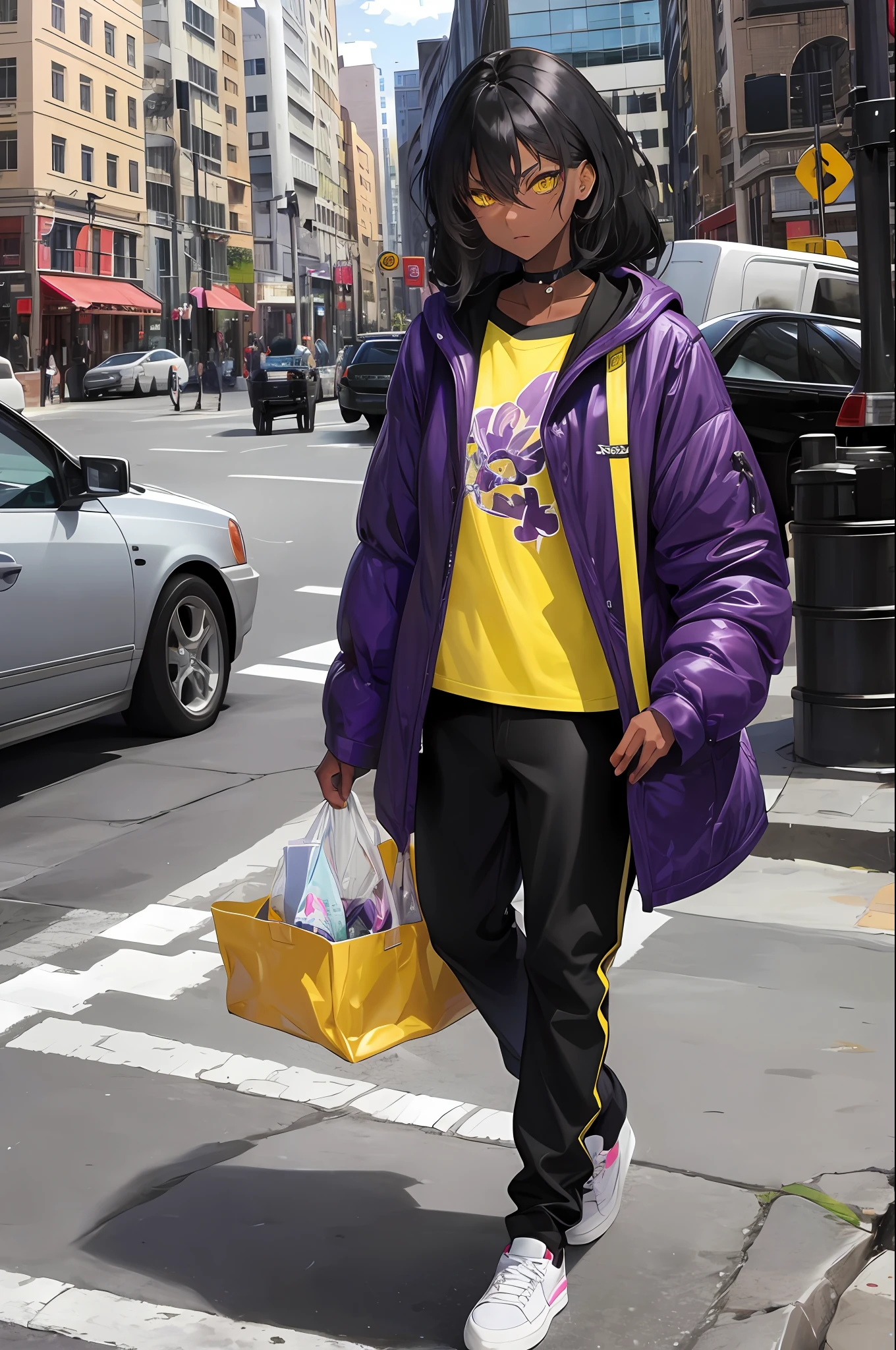 Cute ,dark skin , black hair with purple accents, yellow eyes , casual outfit , city