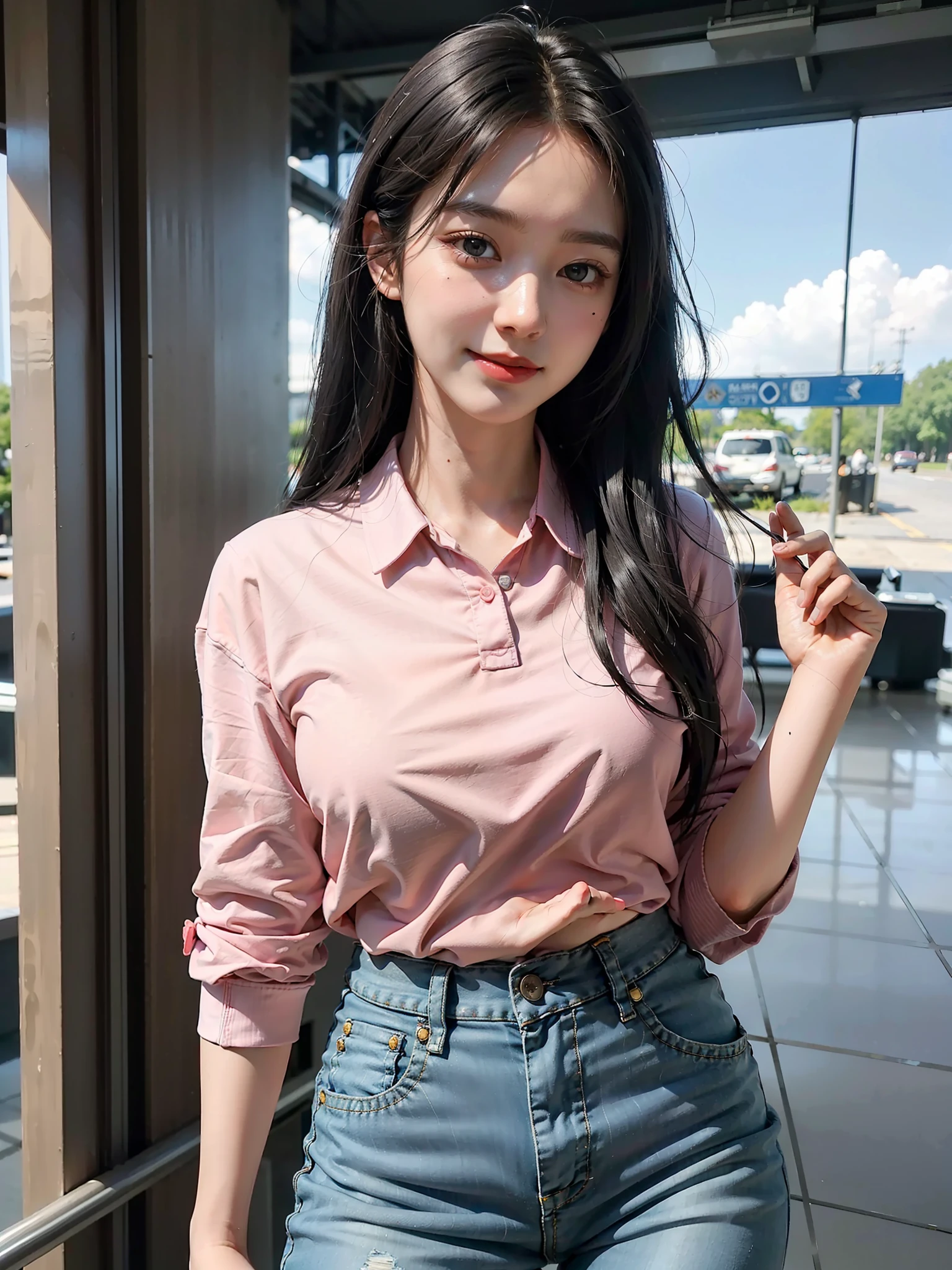 1 girl, (black hair semi-long) (beautiful hair), pink polo shirt (cotton fabric) (plain) (fit), denim pants, actress, light smile, shiny skin
Best quality, masterpiece, (photorealistic: 1.4), airport lobby