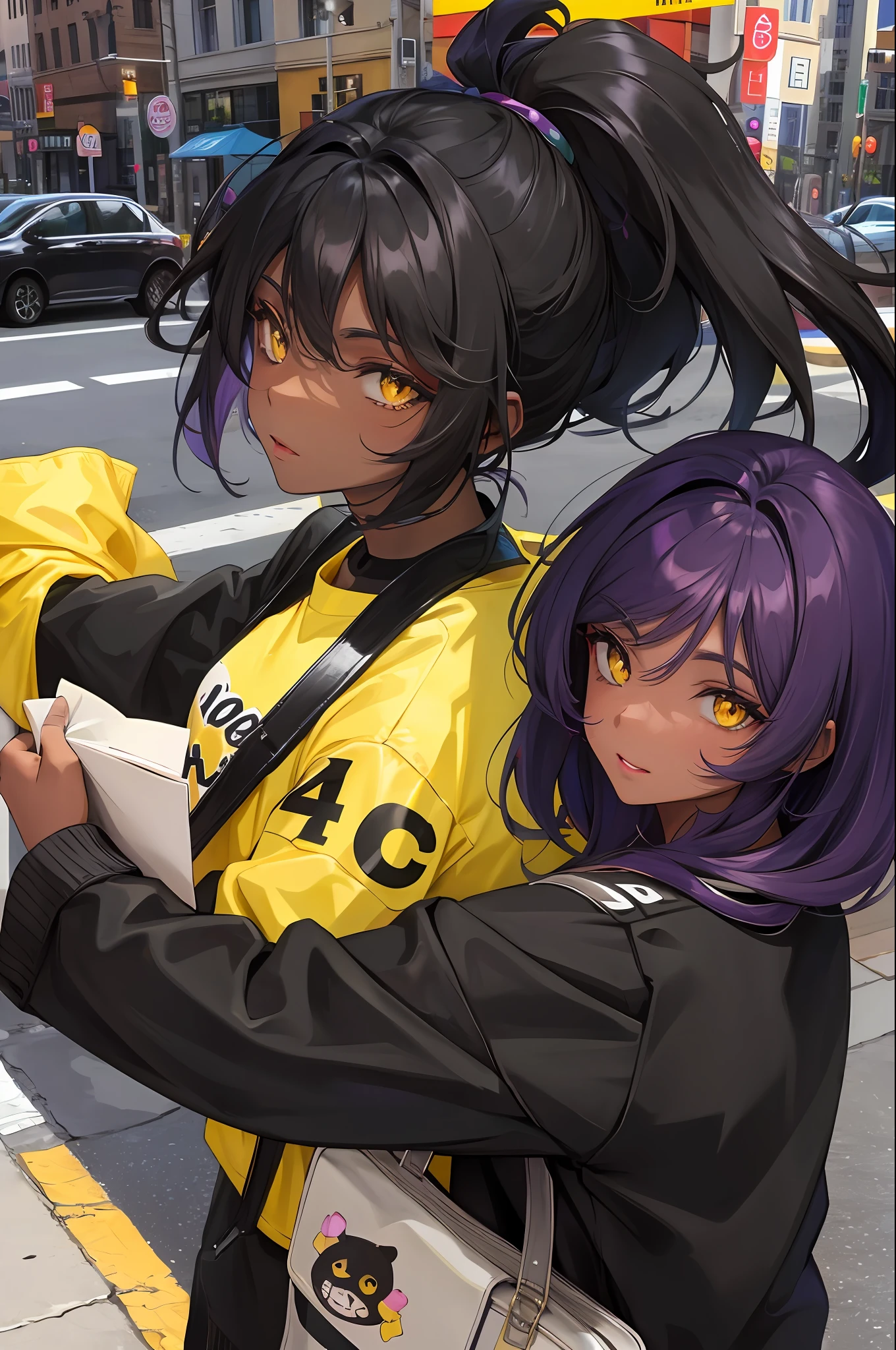 Cute ,dark skin , black hair with purple accents, yellow eyes , casual outfit , city