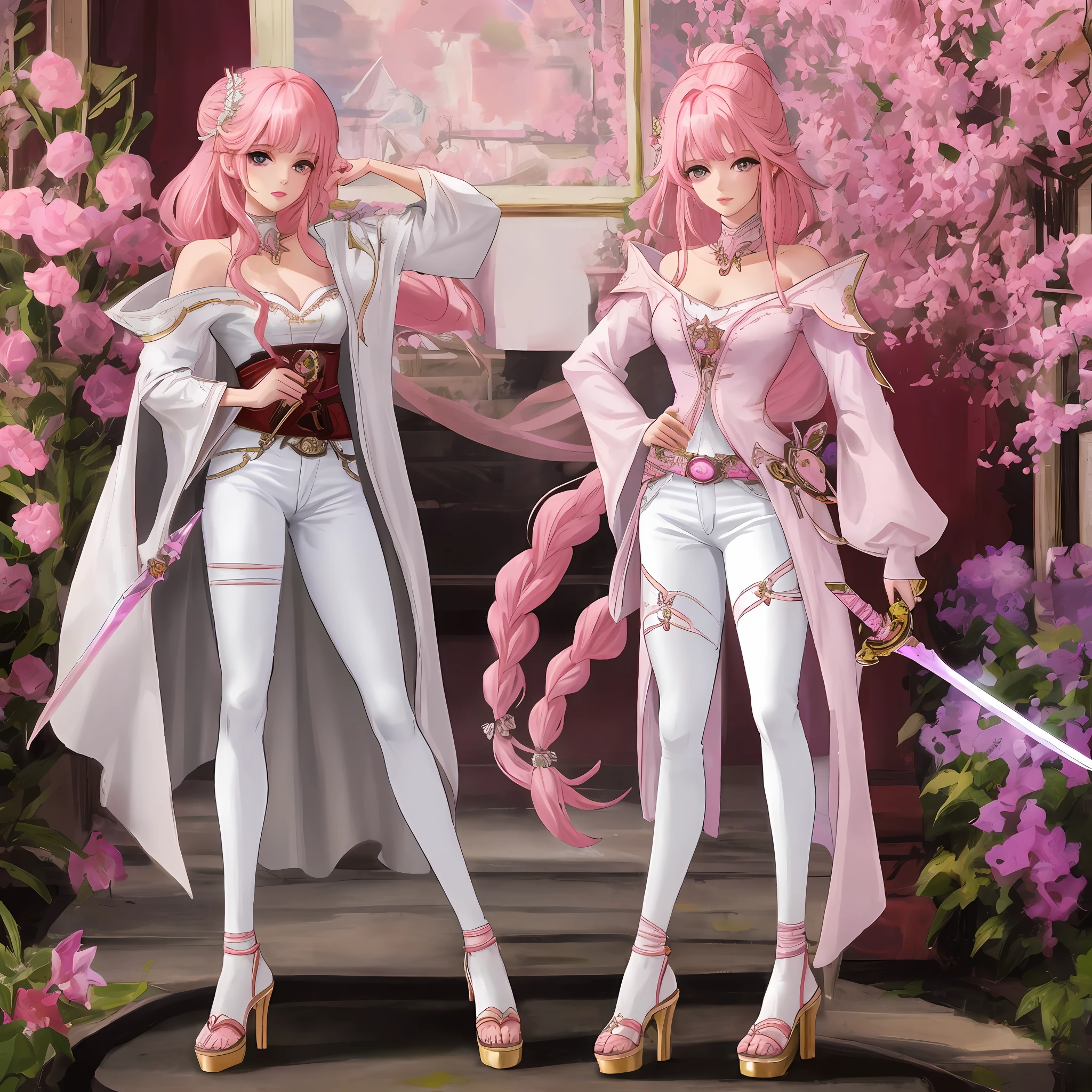 Girl with long pink hair, holding a sword, Kembu, Bright tone, white chiffon top, skinny jeans, high heel sandals