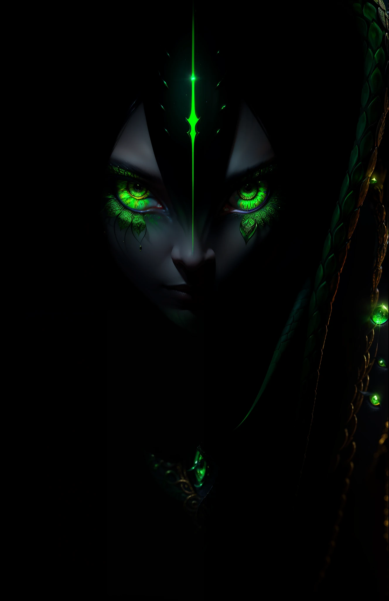 ((best quality)), ((masterpiece)), ((realistic)),witch, full body, the hair is composed of countless small snakes, green eyes, female face, metal carved top, royal aura, trend on artstation , sharp focus, studio photo, intricate detail, very detailed, detailed eye, illustration, very detailed, sharp focus, digital render, professional, 4k