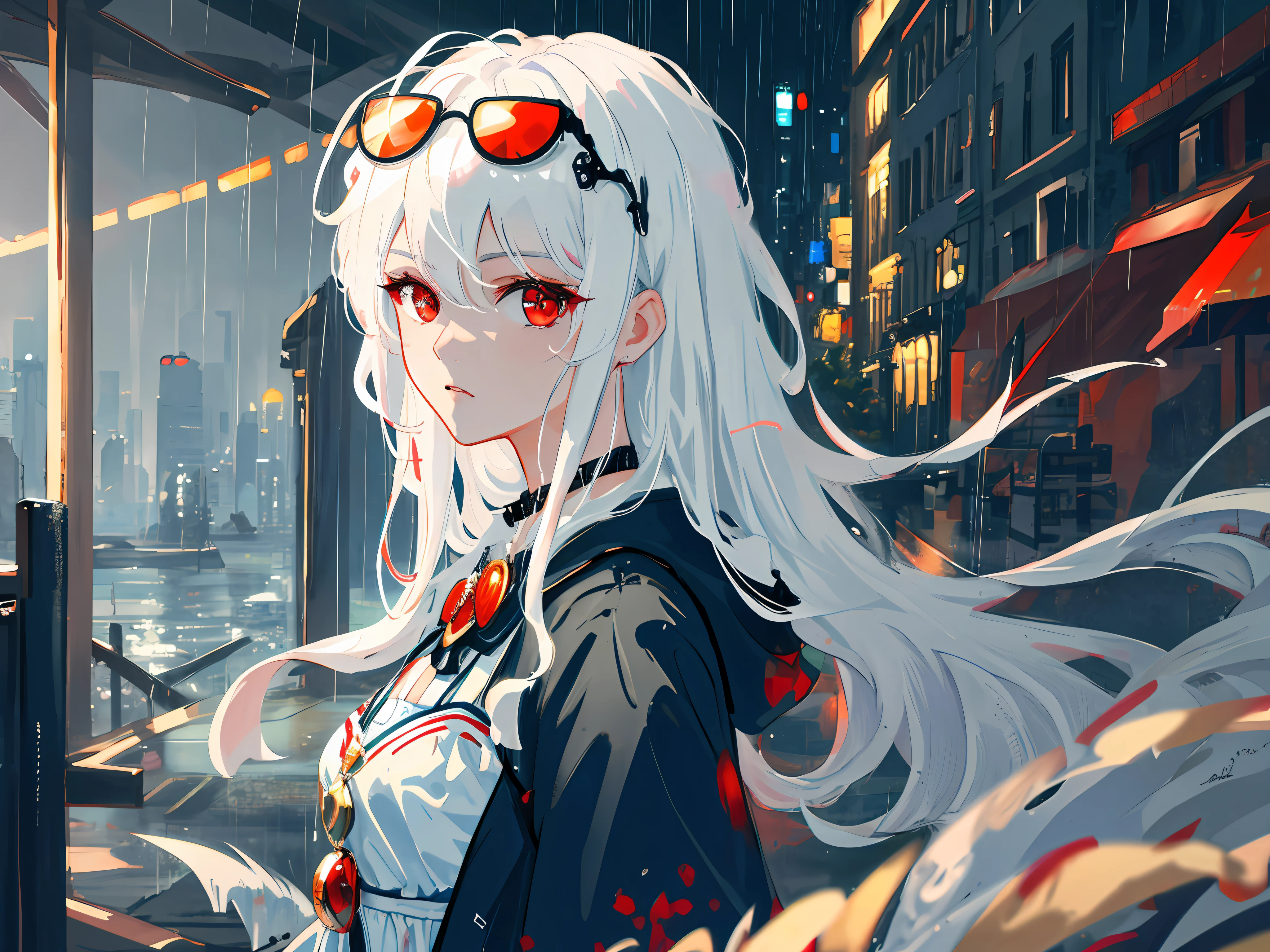 masterpiece, best quality, extremely detailed, cinematic lightning, intricate detail, highres, official art, finely detailed beautiful face and eyes, high resolution illustration, 8k, depth of field, bokeh, solo, 1girl, a girl with white hair and red eyes, long white hair, sunglasses, beautiful red eyes, beautiful landscape, rainy city, upper body, looking at viewer, close up