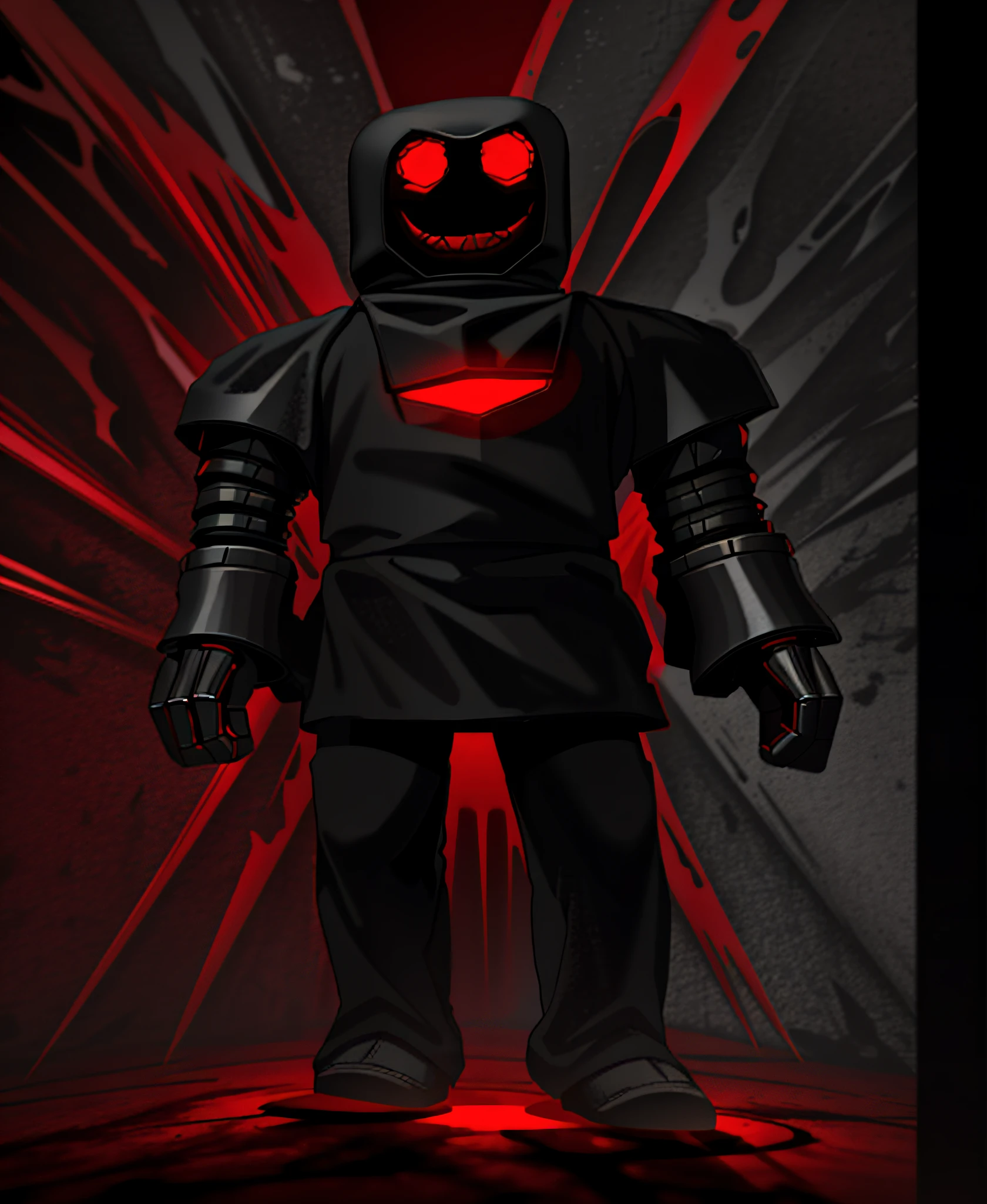 a close up of a toy figure with a red light on his face, roblox avatar, evil standing smiling pose, fully red eyes no pupils, nightmare render, faceless people dark, with red glowing eyes, pitchblack skin, shadowy and eerie character, black shirt underneath armor, he is wearing a black, shadow armor, dark armor, black heavy armor