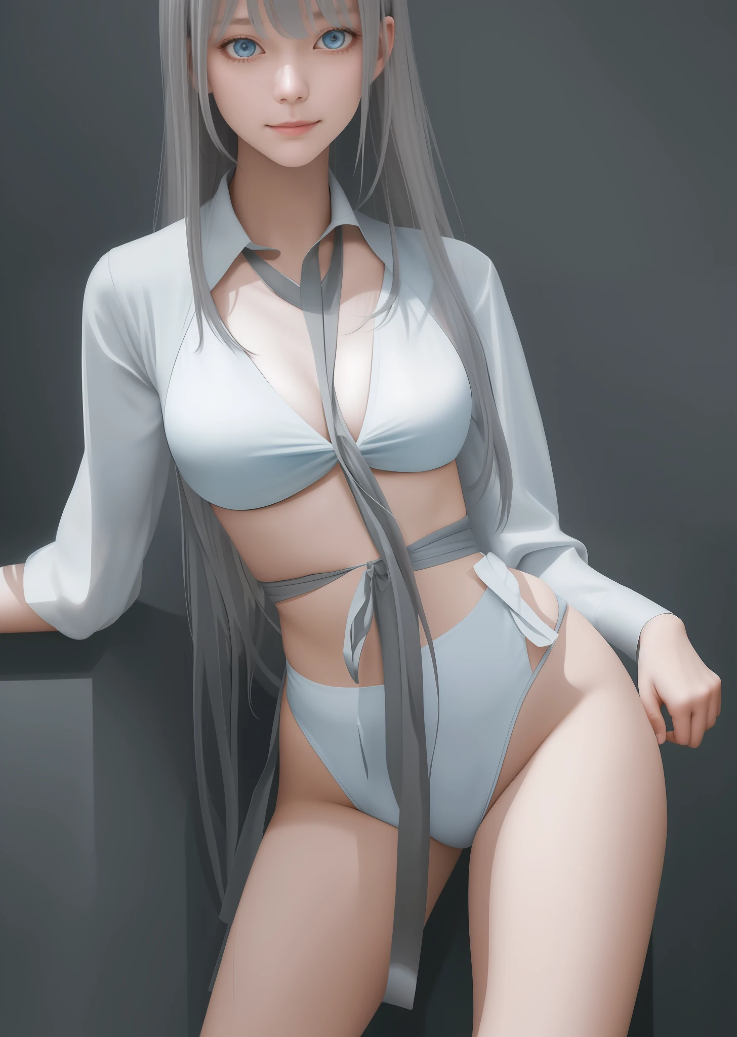 (Masterpiece), (Best Quality), Best Quality, Ultra Detail, One Girl, Solo, Standing, Gray Hair, Long Hair, Blue Eyes, Sexy, Tied Up , Bangs, Middle Thorax, White Shirt, Staring, Smile, , Look at the Audience, (Interview: 1.3), Dark Background, NSFW