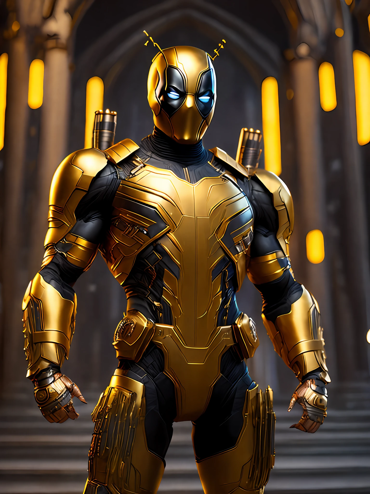 Portrait, Gold Deadpool from Marvel, biomechanical, complex robot, full growth, hyperrealistic, insane small details, extremely clean lines, cyberpunk aesthetic, masterpiece unveiled at Zbrush Central, gothic brutalist cathedral, cyberpunk, award-winning photo, bokeh, neon lights, cybernetic limb