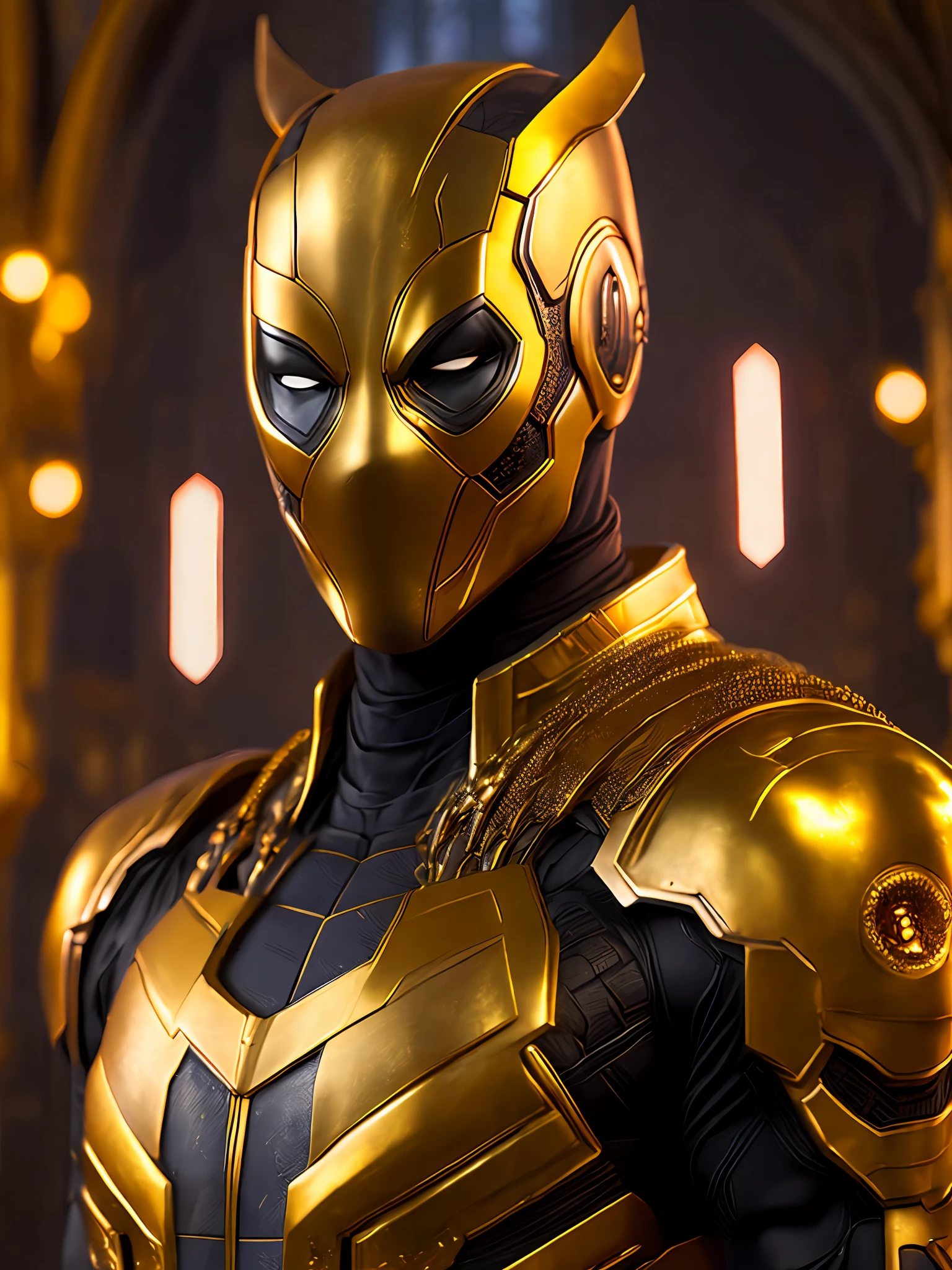 Portrait, Gold Deadpool from Marvel, biomechanical, complex robot, full growth, hyperrealistic, insane small details, extremely clean lines, cyberpunk aesthetic, masterpiece unveiled at Zbrush Central, gothic brutalist cathedral, cyberpunk, award-winning photo, bokeh, neon lights, cybernetic limb