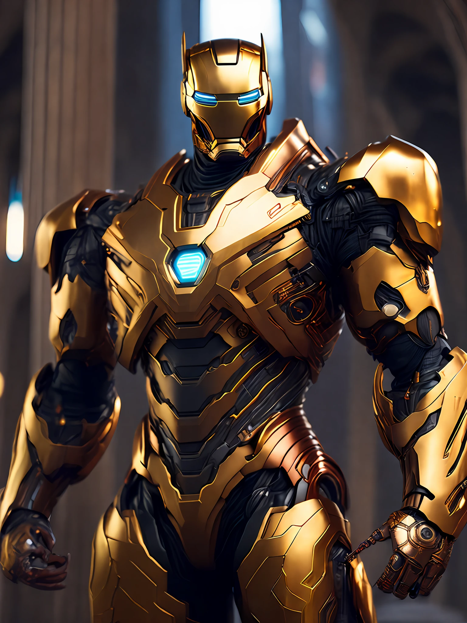 Portrait, Gold Iron Man from Marvel, biomechanical, complex robot, full growth, hyper-realistic, insane small details, extremely clean lines, cyberpunk aesthetic, masterpiece unveiled at Zbrush Central, gothic brutalist cathedral, cyberpunk, award-winning photo, bokeh, neon lights, cybernetic limb