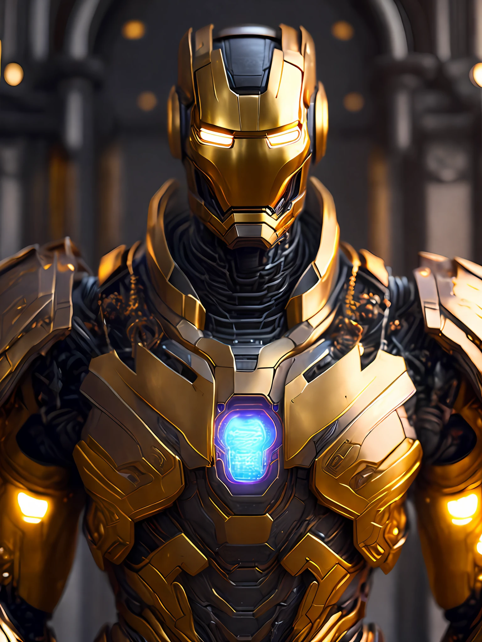 Portrait, Gold Iron Man from Marvel, biomechanical, complex robot, full growth, hyper-realistic, insane small details, extremely clean lines, cyberpunk aesthetic, masterpiece unveiled at Zbrush Central, gothic brutalist cathedral, cyberpunk, award-winning photo, bokeh, neon lights, cybernetic limb