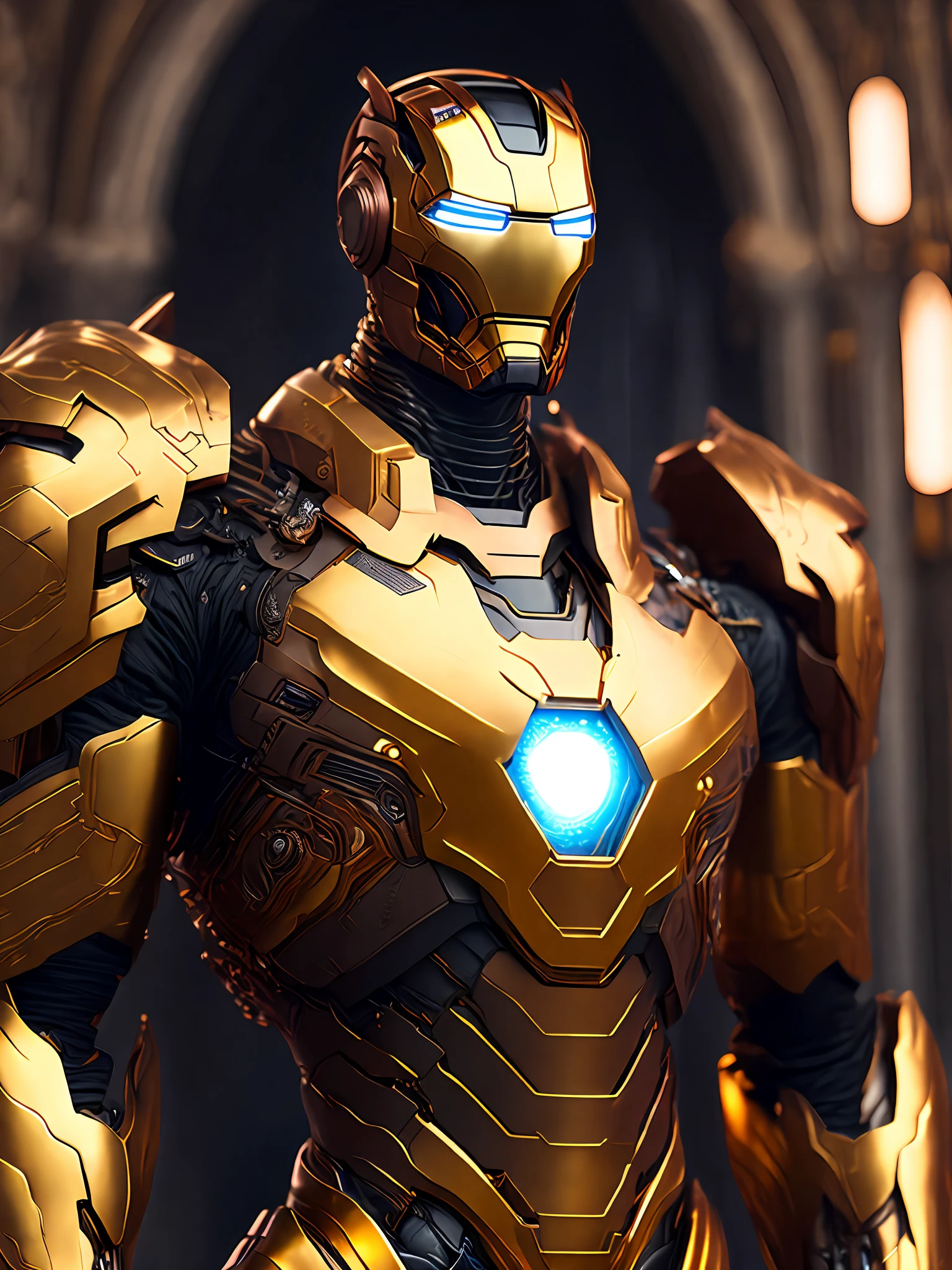 Portrait, Gold Iron Man from Marvel, biomechanical, complex robot, full growth, hyper-realistic, insane small details, extremely clean lines, cyberpunk aesthetic, masterpiece unveiled at Zbrush Central, gothic brutalist cathedral, cyberpunk, award-winning photo, bokeh, neon lights, cybernetic limb