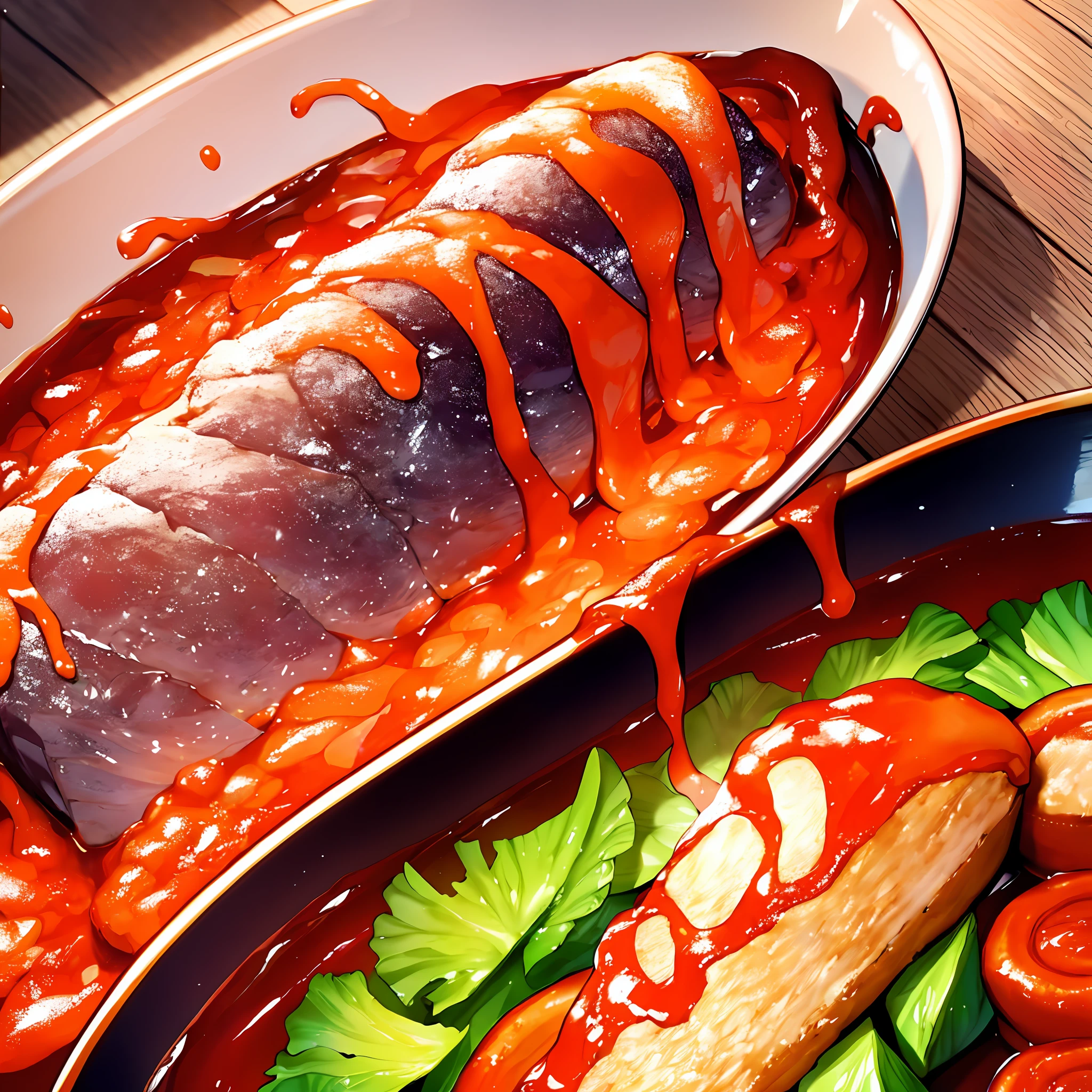 (Anime-style Food, mouth-watering dish, appealing presentation, dynamic angle, delicious bite, vibrant colors, steamy bowl, perfect seasoning, detailed garnish, mouth-watering texture)