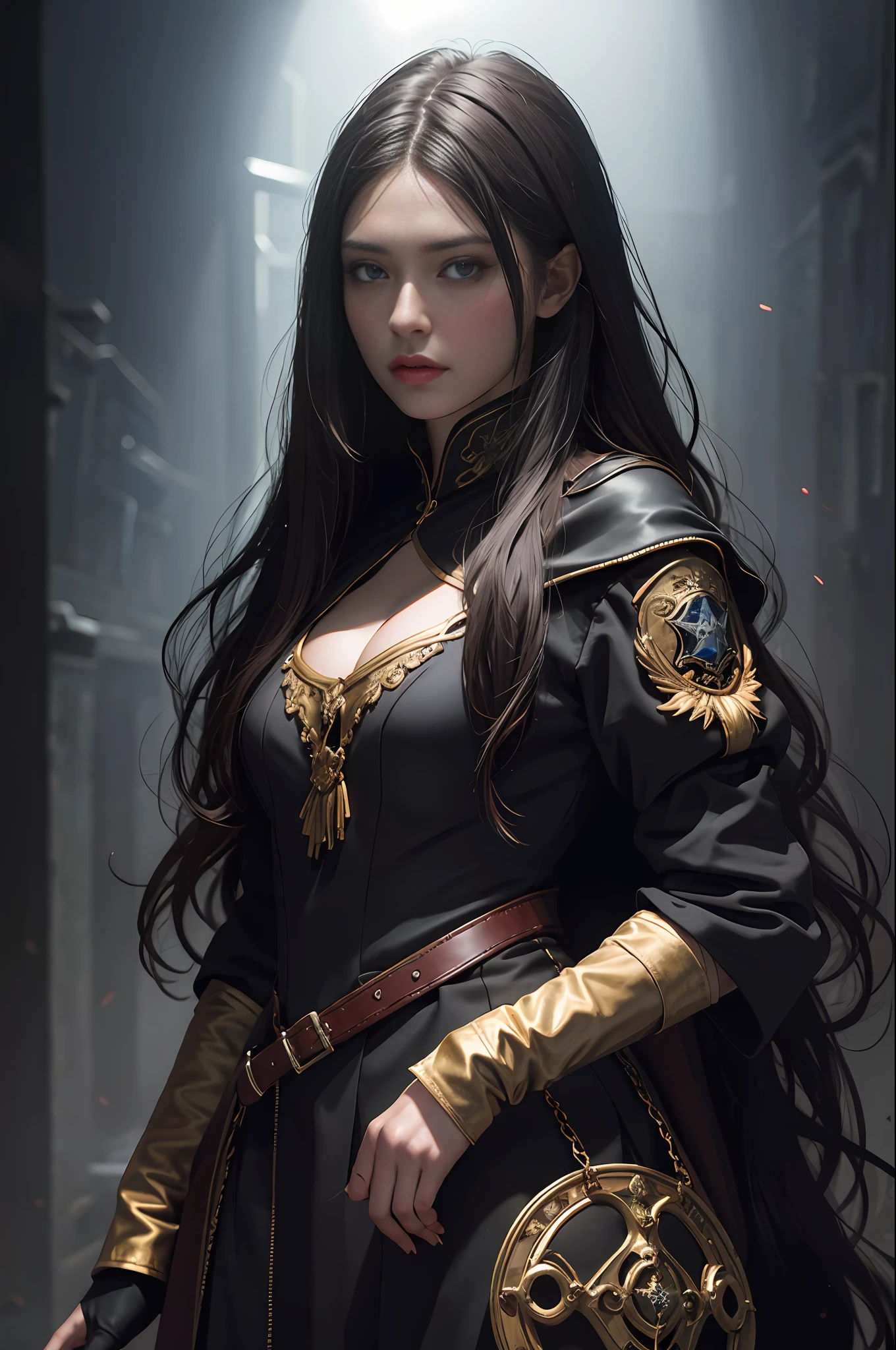 (Front Focus), (In the Dark: 1.6), Elena Masci Surrealist Portrait Illustration Design Female Portrait, Fantasy Art, Photo Realism, Dynamic Lighting, Artstation, Poster, Volumetric Lighting, Very Detailed Faces, 4 K, Award-Limited, 1girl, In the Dark, Deep Shadow, Low Key, Cowboy Shot, (Official Uniform: 1.4), Long Hair,