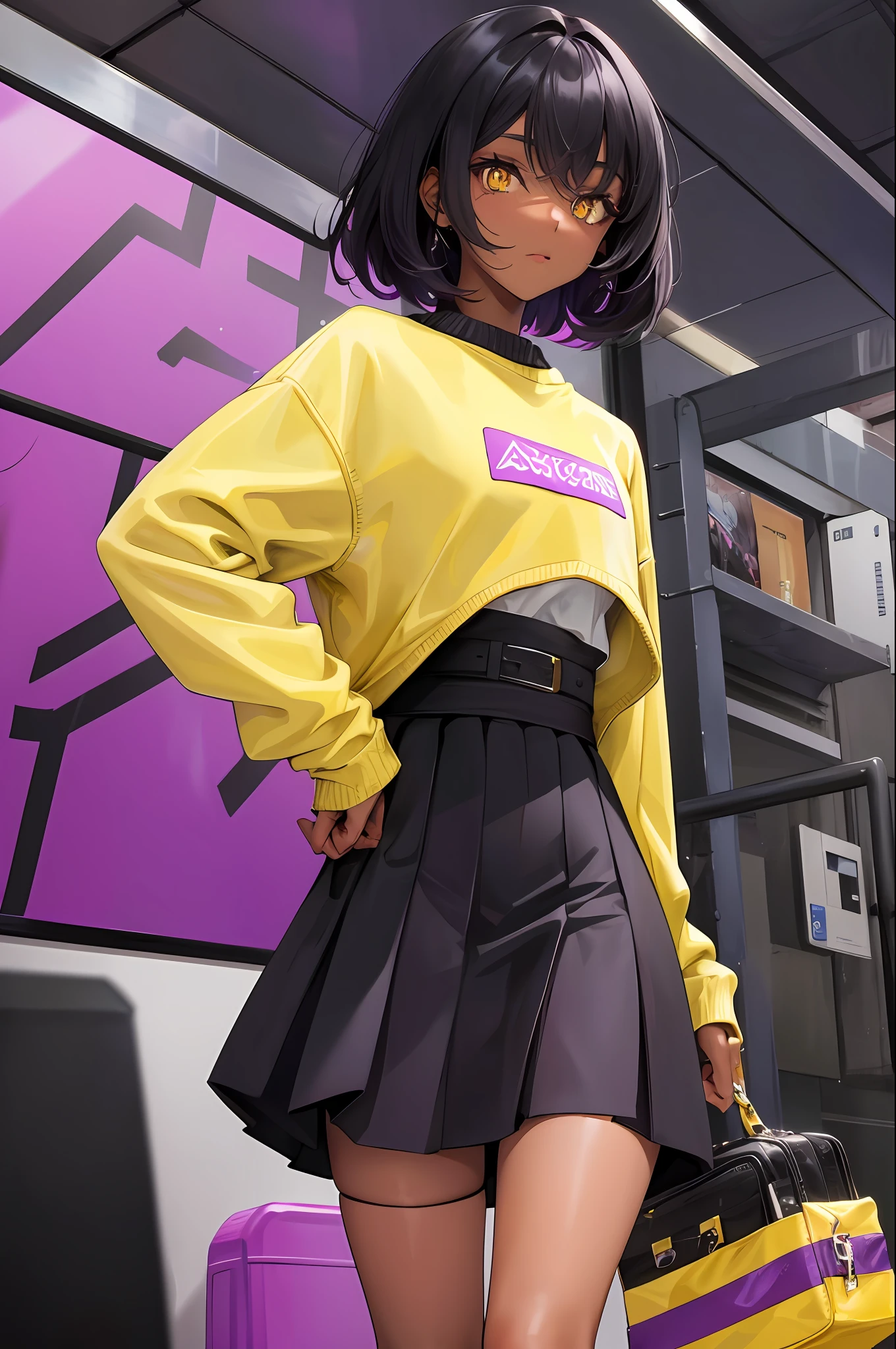 Cute ,dark skin , black hair with purple accents, yellow eyes  , sweater, short skirt