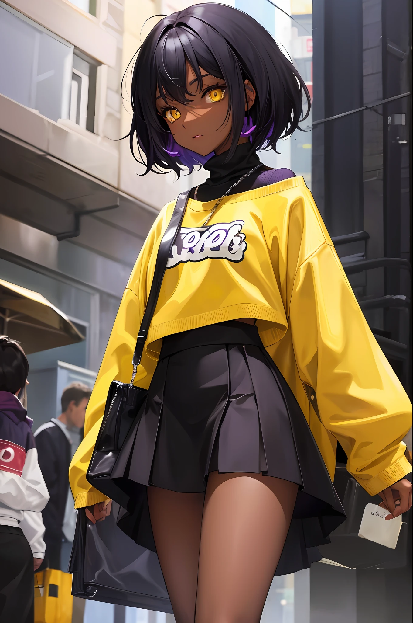 Cute ,dark skin , black hair with purple accents, yellow eyes  , sweater, short skirt