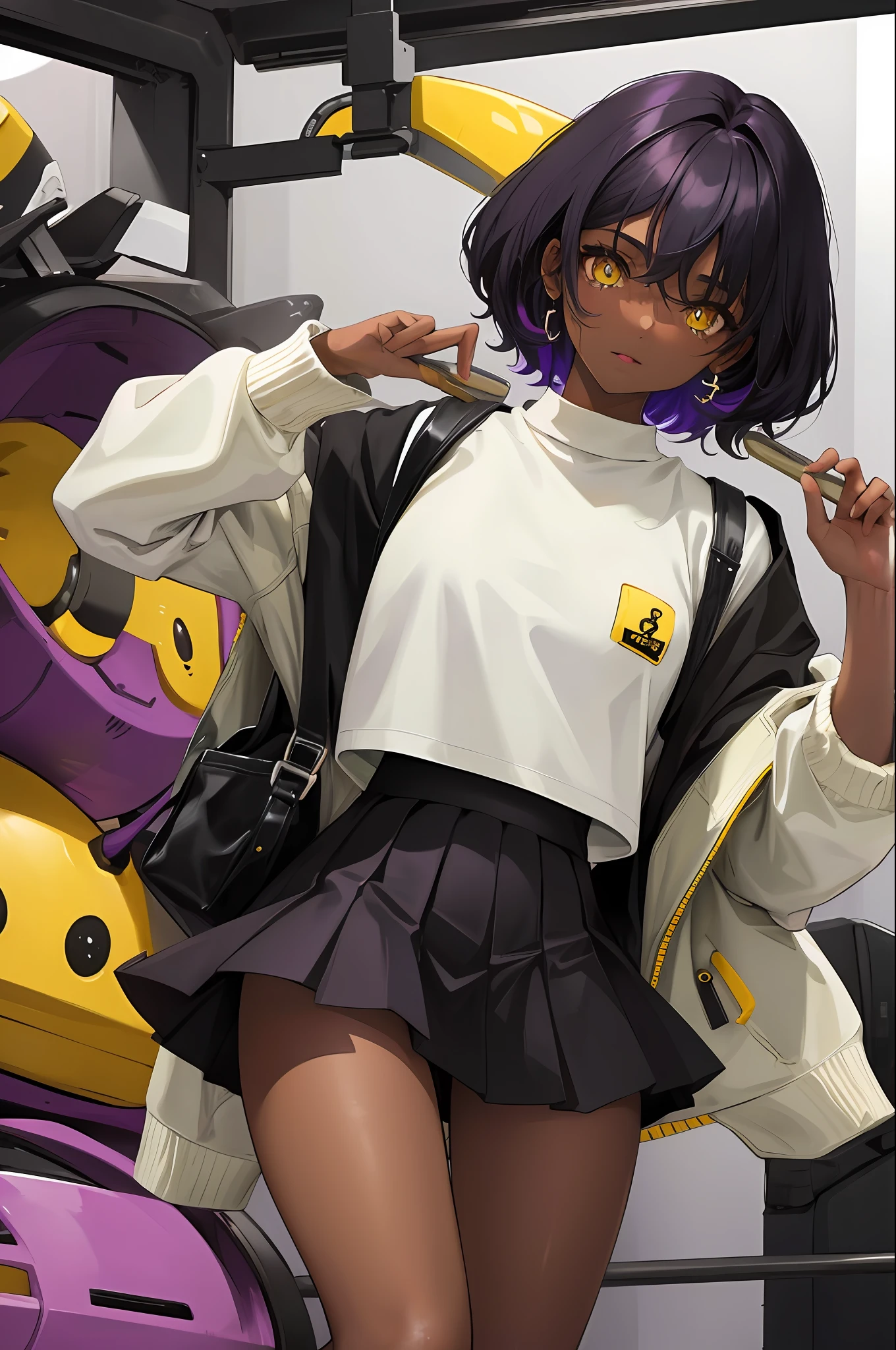 Cute ,dark skin , black hair with purple accents, yellow eyes , sweater, short skirt