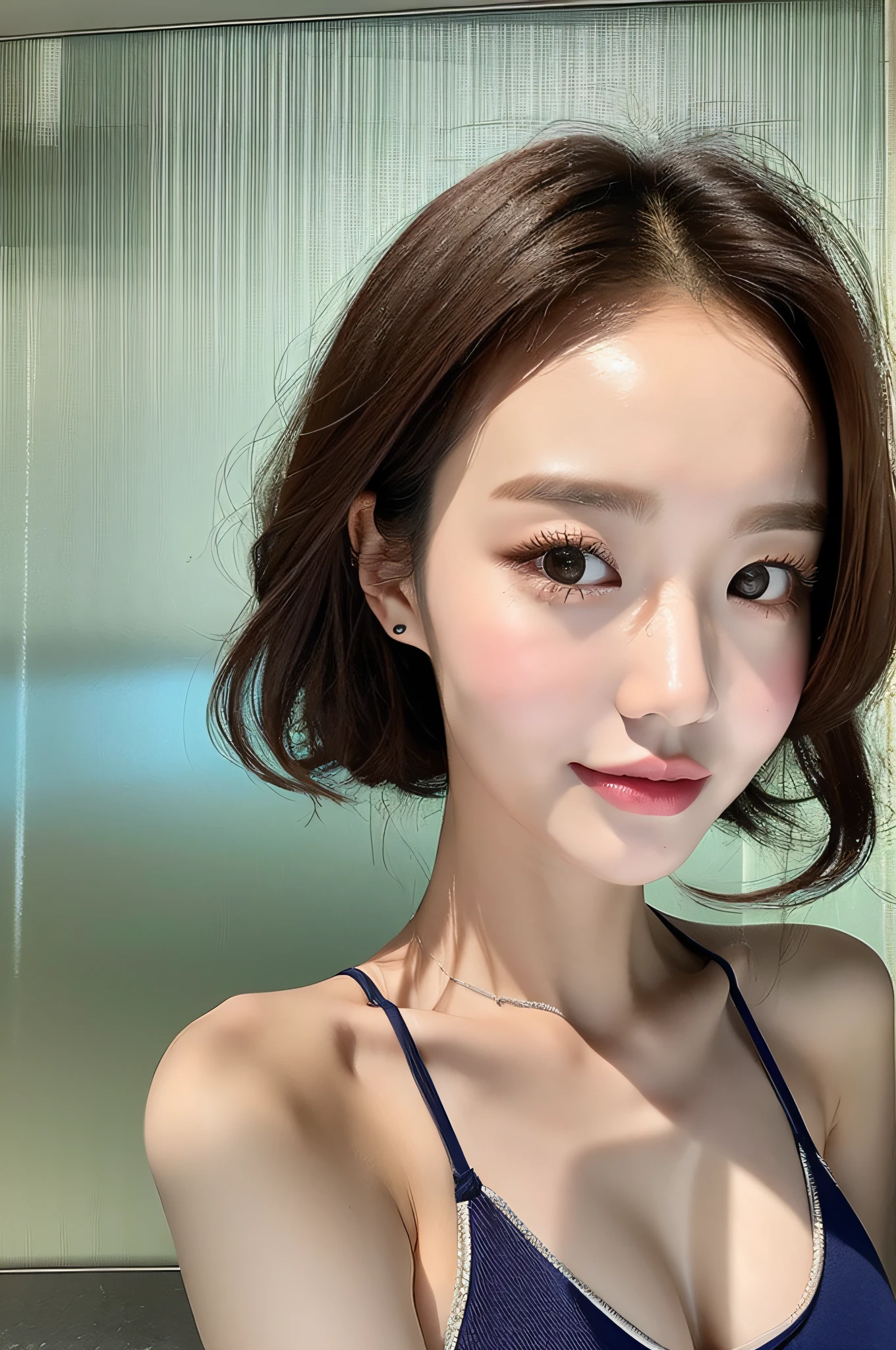 sonyoonjoo, 1girl, solo, realistic,:1.6, (masterpiece, pretty people,), detailed skin texture, beautifully detailed face, masterpiece, collarbone, swimsuit. Luxury hotel background