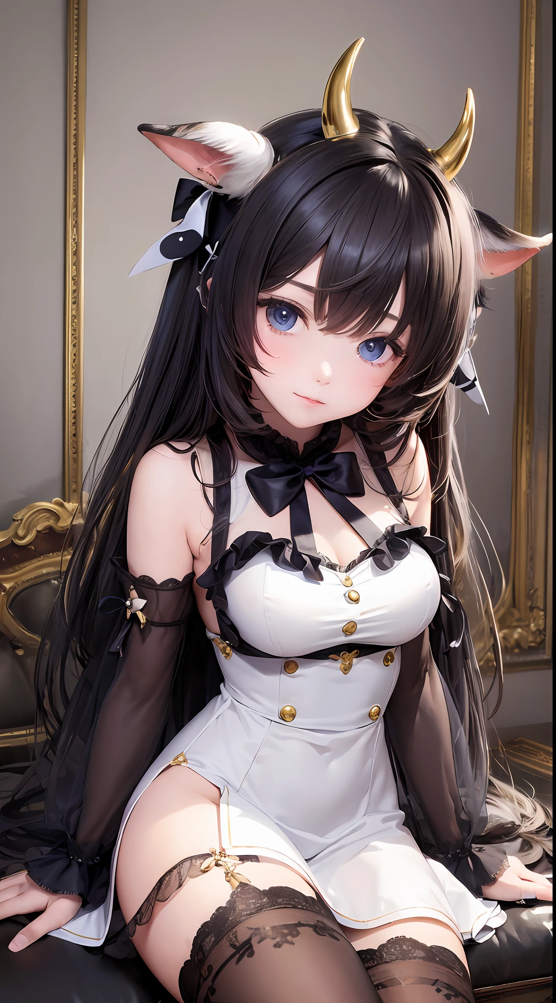 (Masterpiece) Highest quality, dreamy and delicate eyes, sharp side light, real smooth skin, cute anime girl, arm warmer, horn hairpin, slim semi-dress, cow outfit with ribbon and bow.