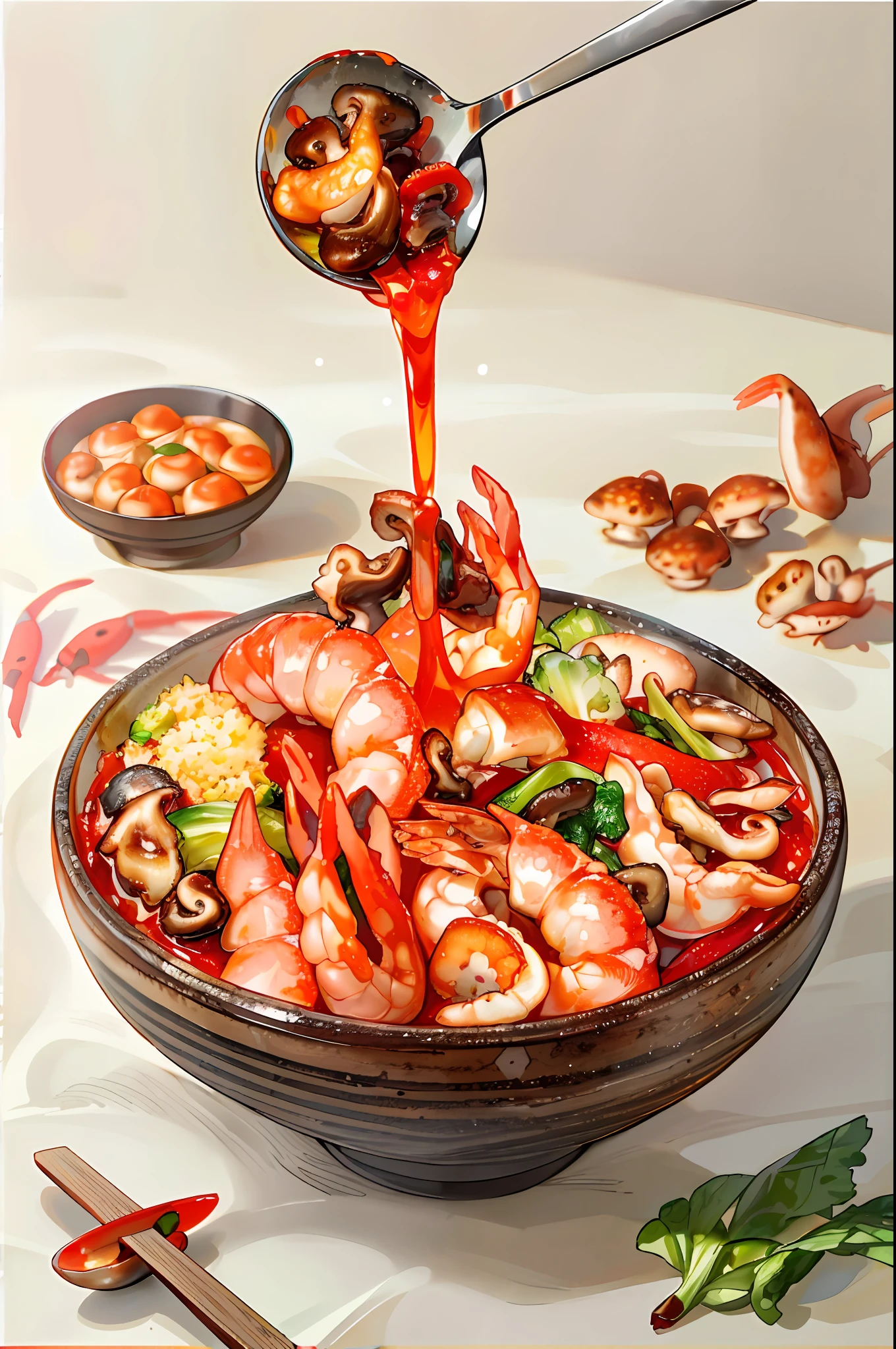 Close-up spicy mix, seafood mushrooms, small octopus, red oil, shrimp, green peppercorns, sixty-sixth century pepper, green vegetables, bok choy, tofu puffs, super realistic food pictures, the complete subject shown in the photo, a spoon is pouring into a bowl Red Oil, Randy Post, hyper realistic &quot;, hyper realistic&quot;, high res photo